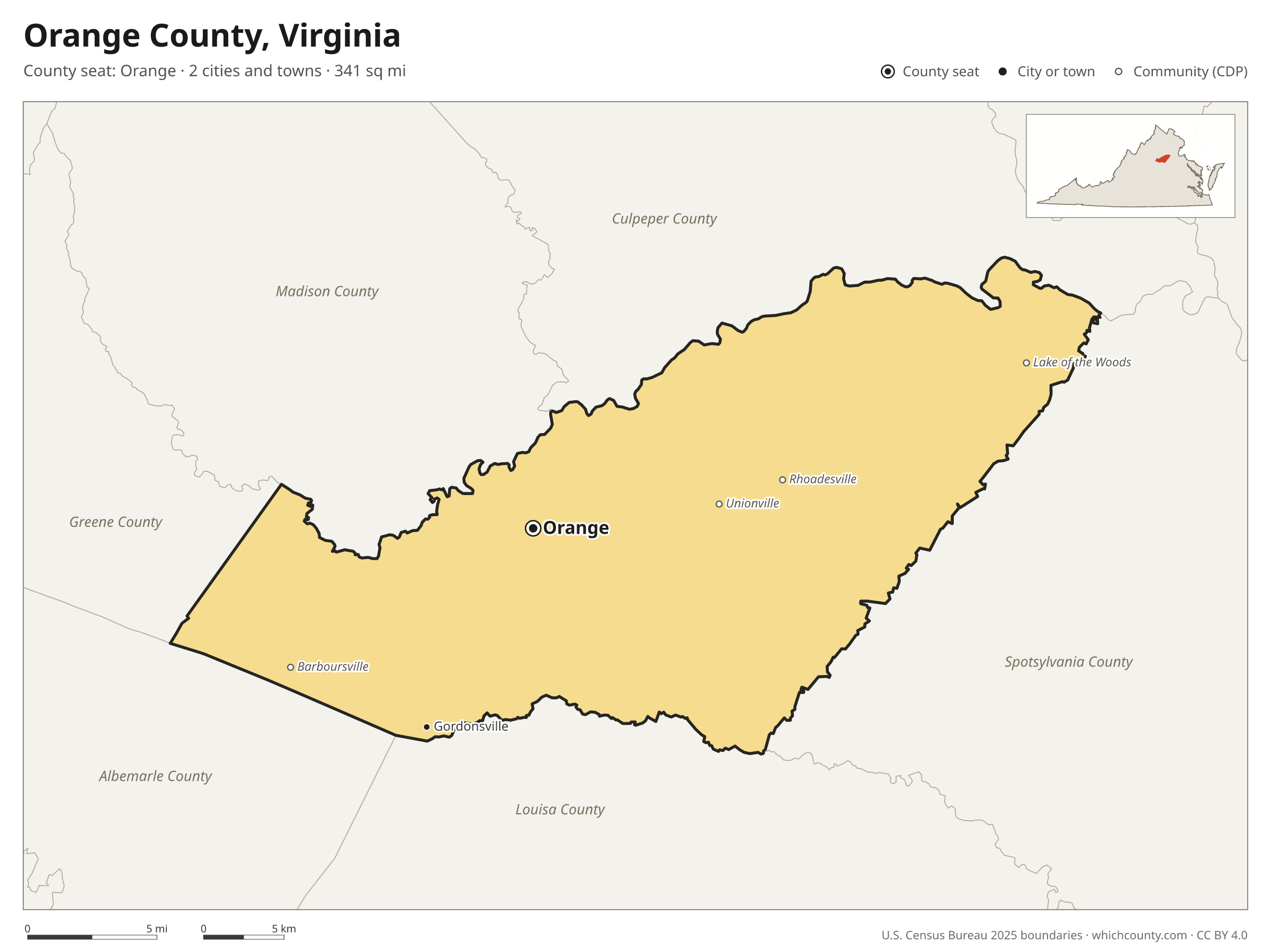 Map of Orange County, Virginia with cities, towns and the county boundary