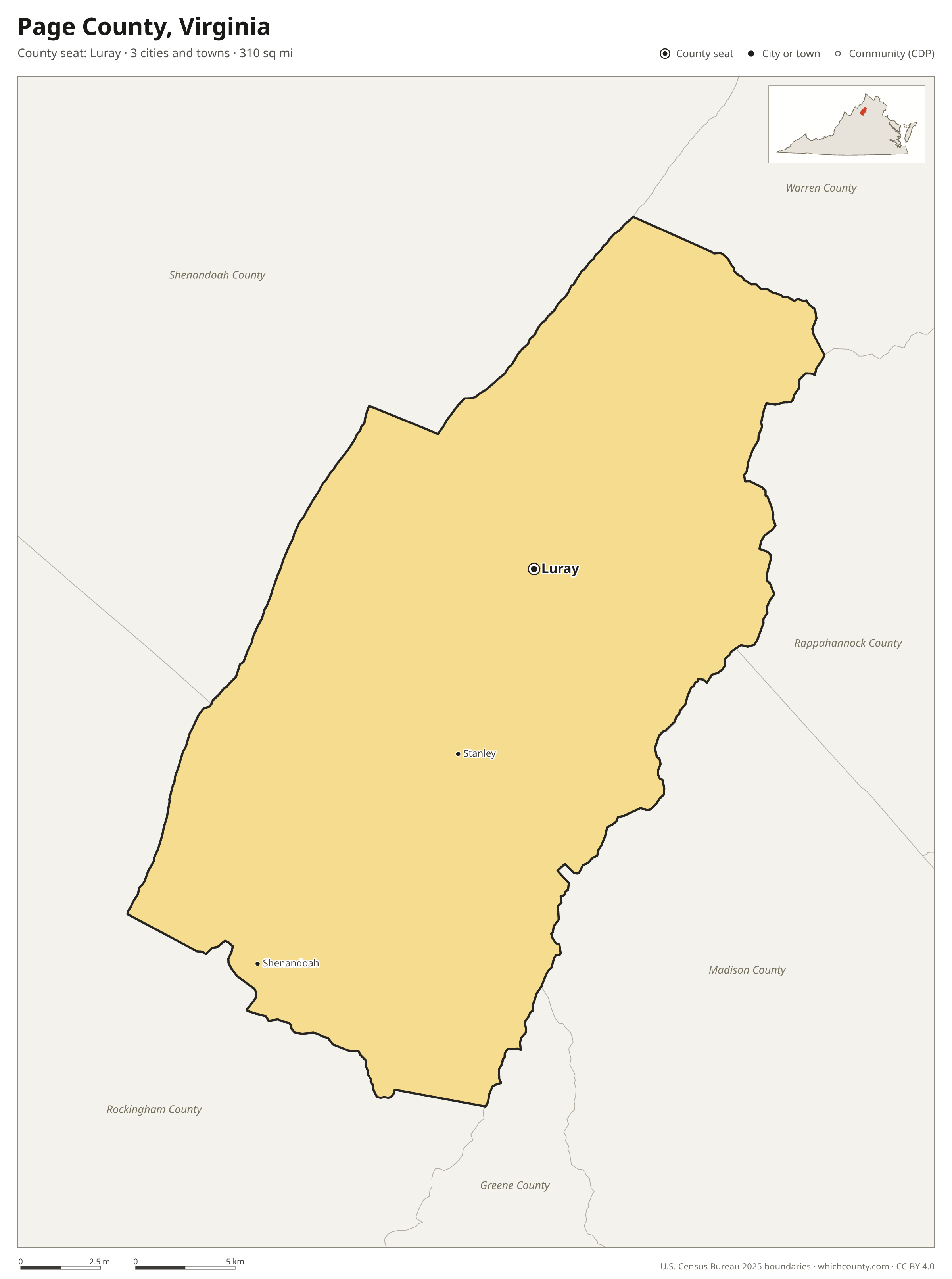 Map of Page County, Virginia with cities, towns and the county boundary