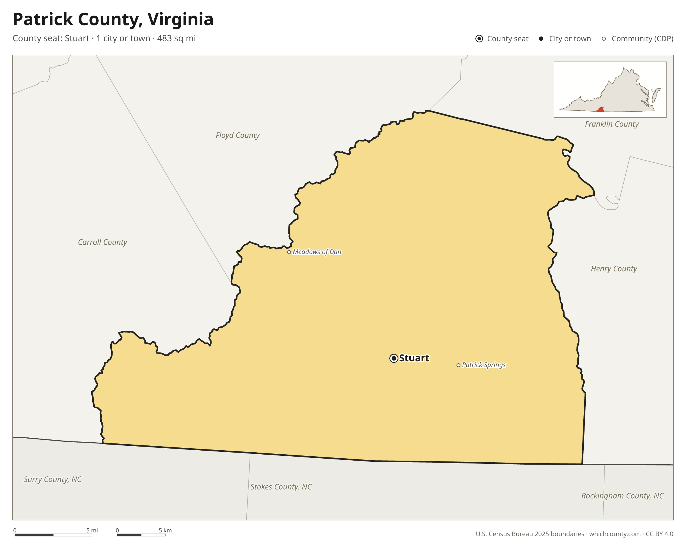 Map of Patrick County, Virginia with cities, towns and the county boundary