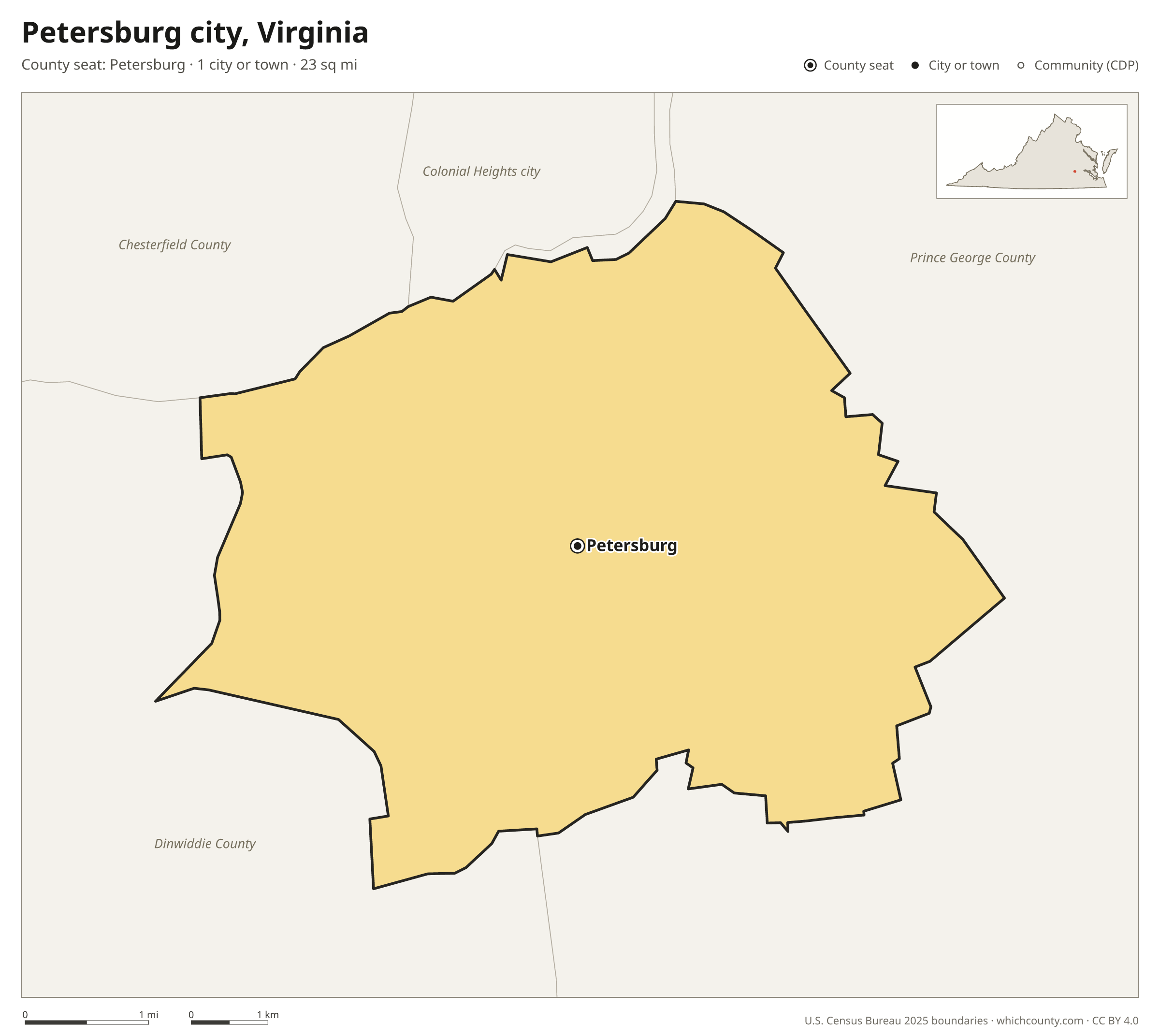 Map of Petersburg city, Virginia with cities, towns and the county boundary