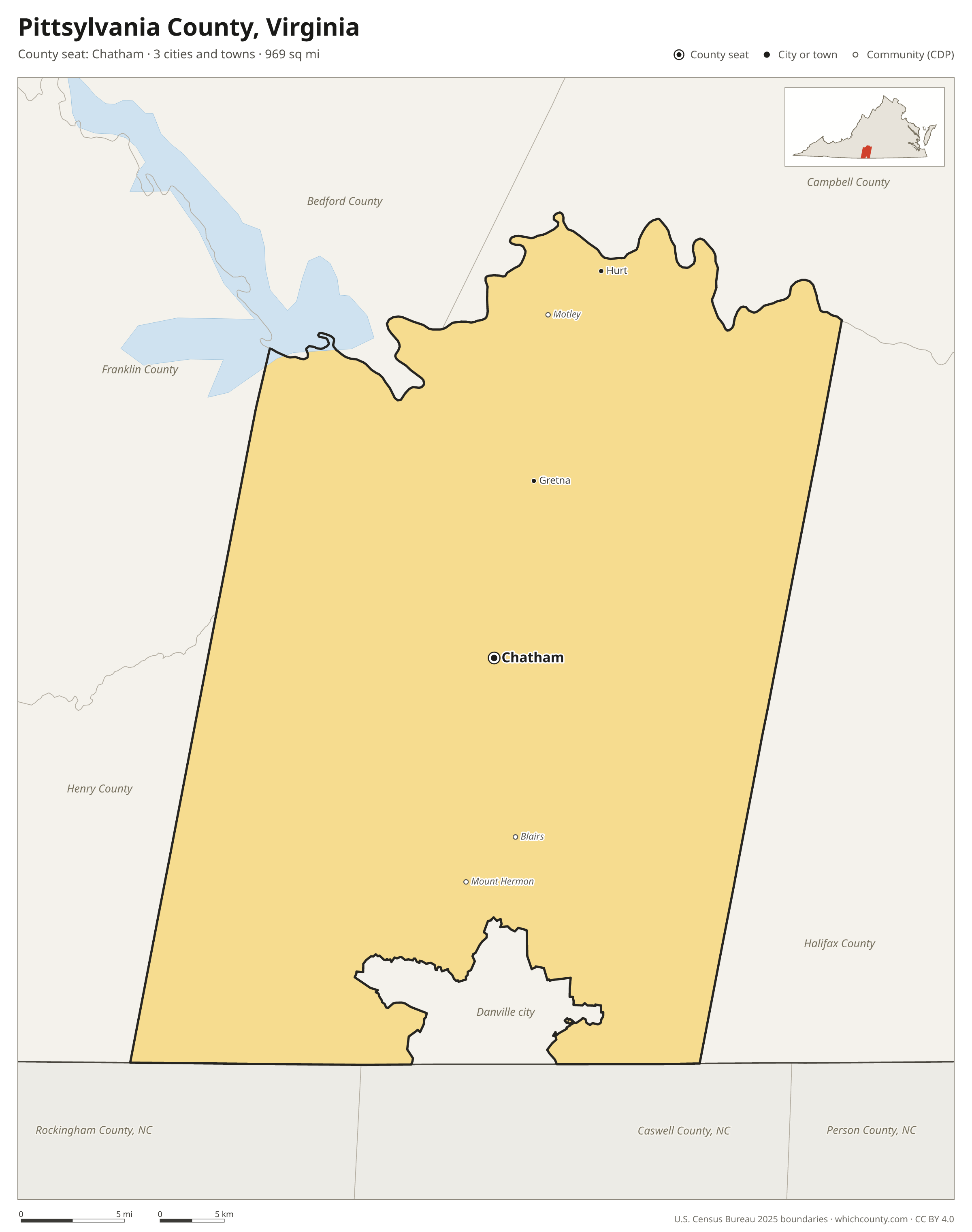 Map of Pittsylvania County, Virginia with cities, towns and the county boundary
