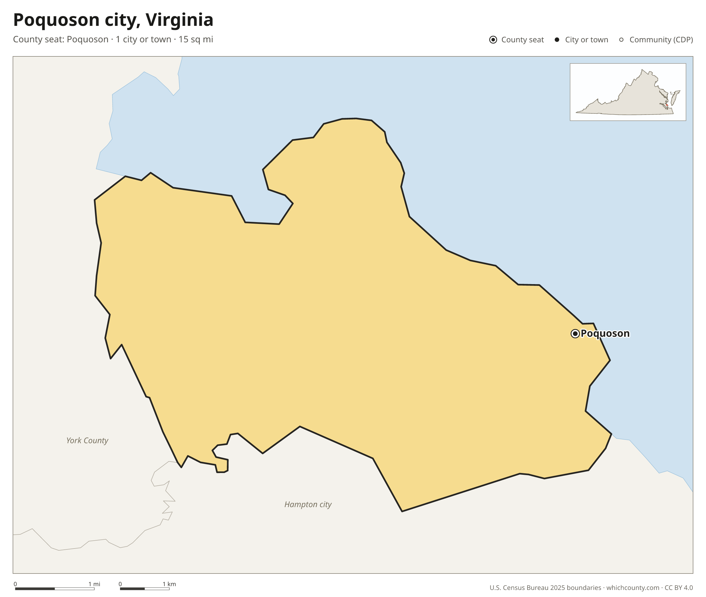 Map of Poquoson city, Virginia with cities, towns and the county boundary