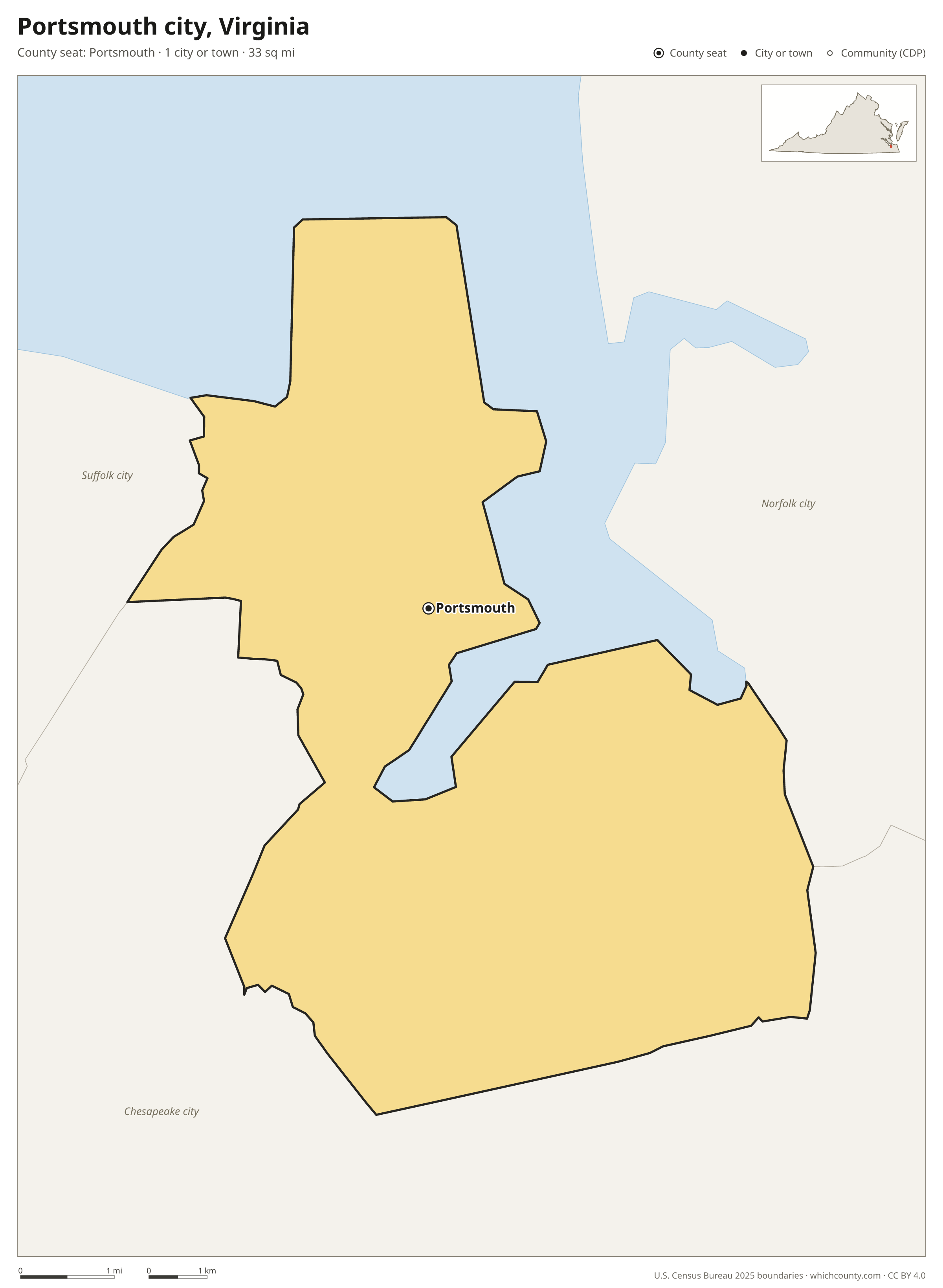 Map of Portsmouth city, Virginia with cities, towns and the county boundary
