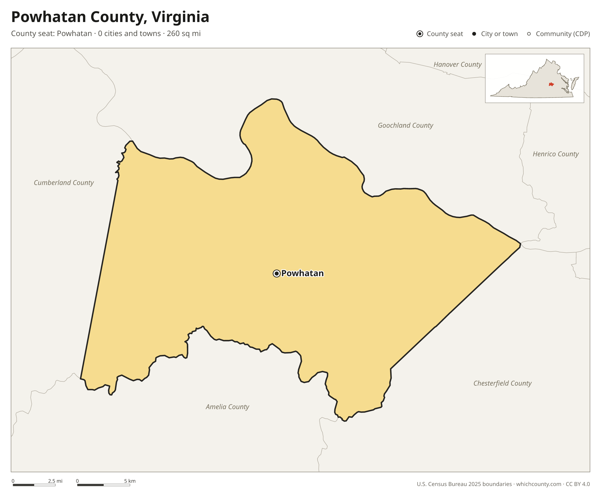 Map of Powhatan County, Virginia with cities, towns and the county boundary