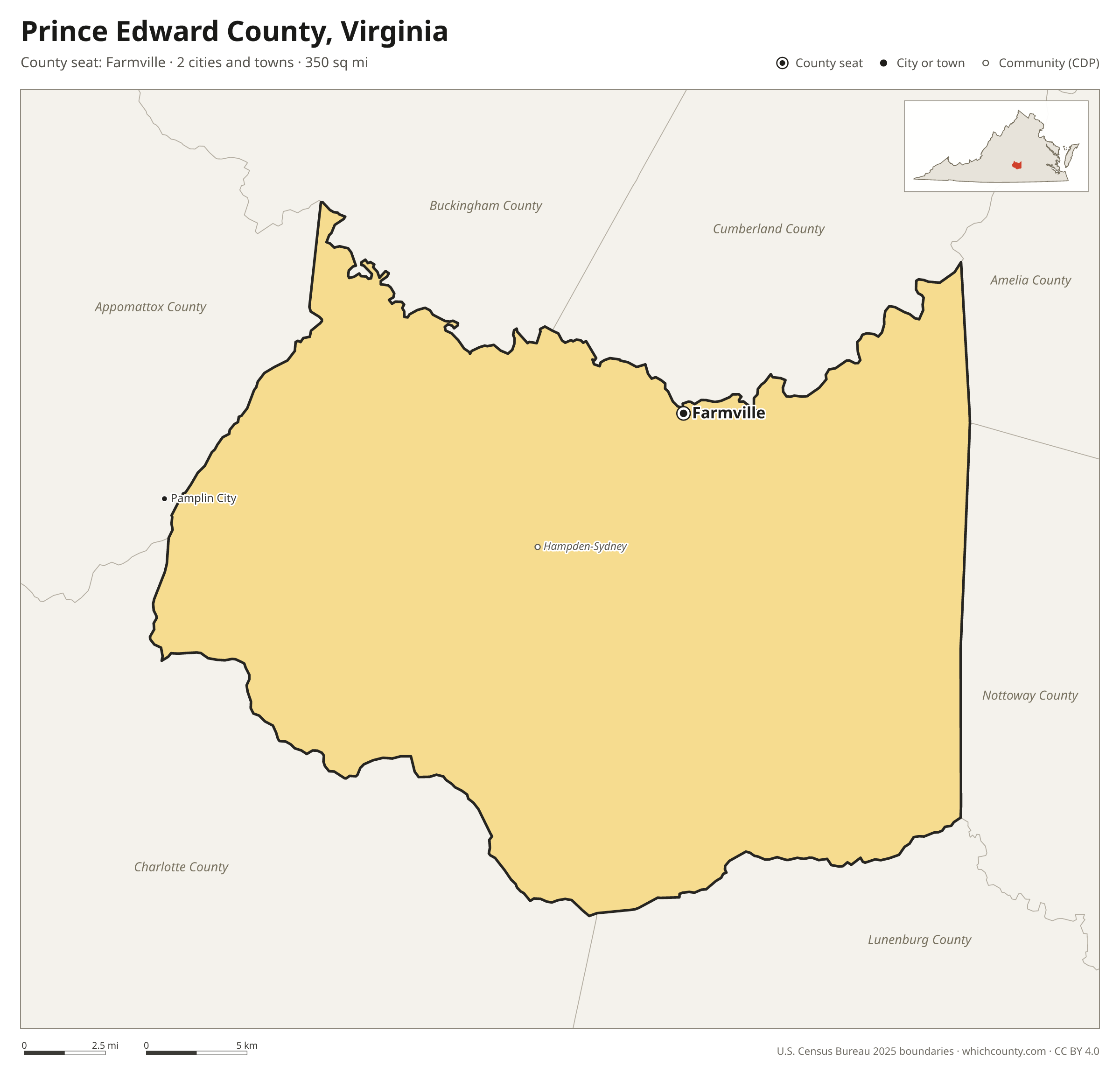 Map of Prince Edward County, Virginia with cities, towns and the county boundary