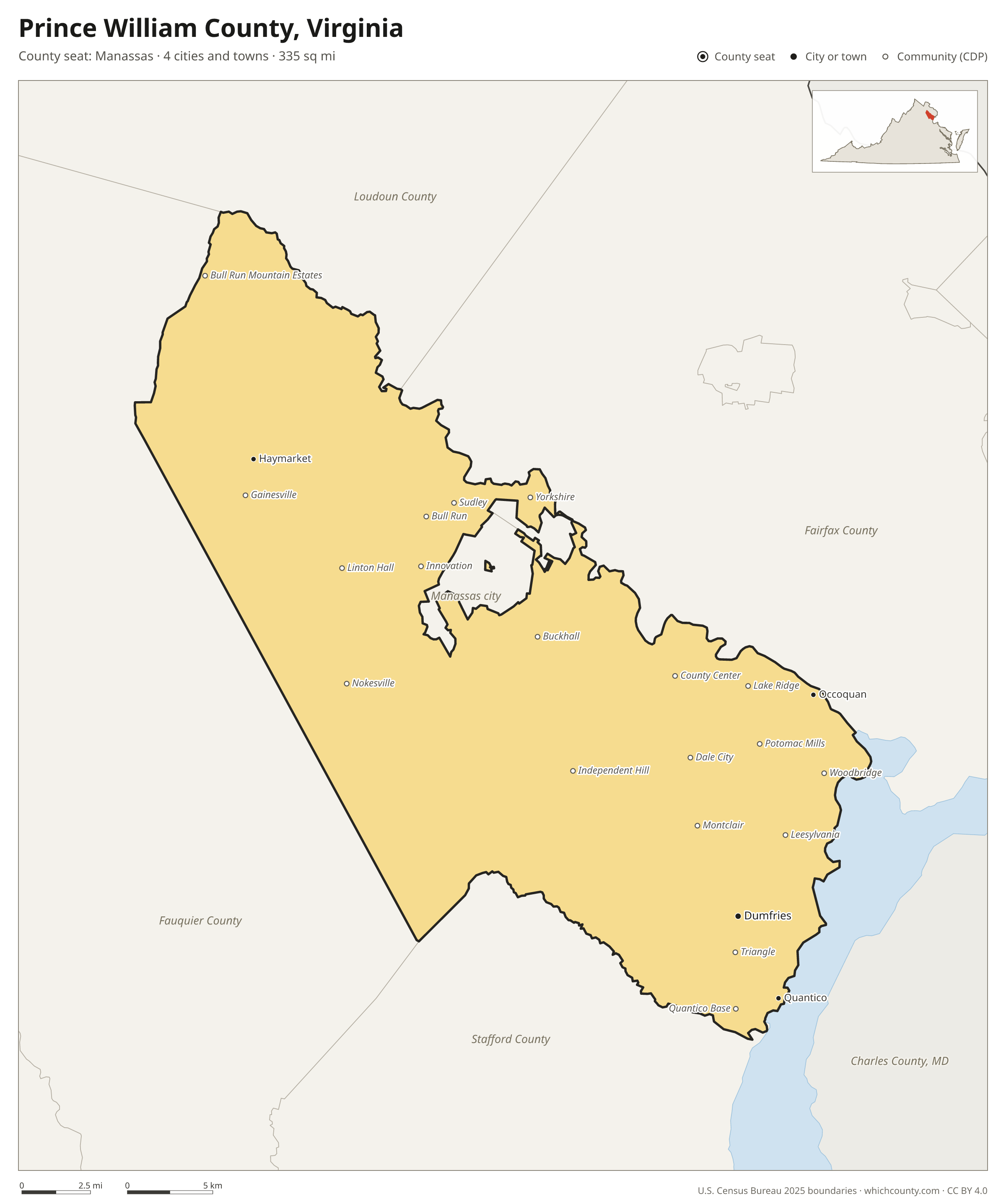 Map of Prince William County, Virginia with cities, towns and the county boundary