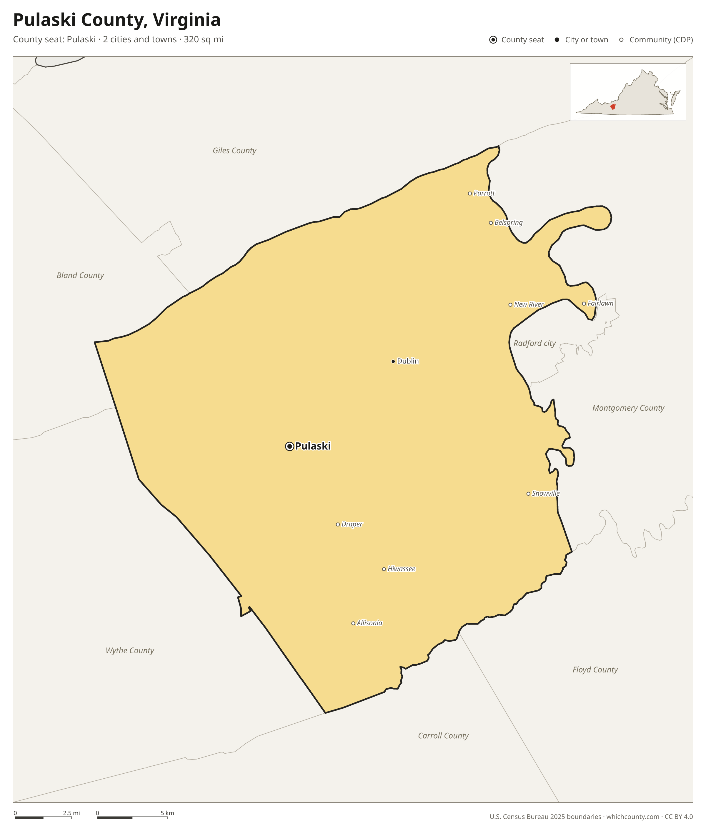 Map of Pulaski County, Virginia with cities, towns and the county boundary