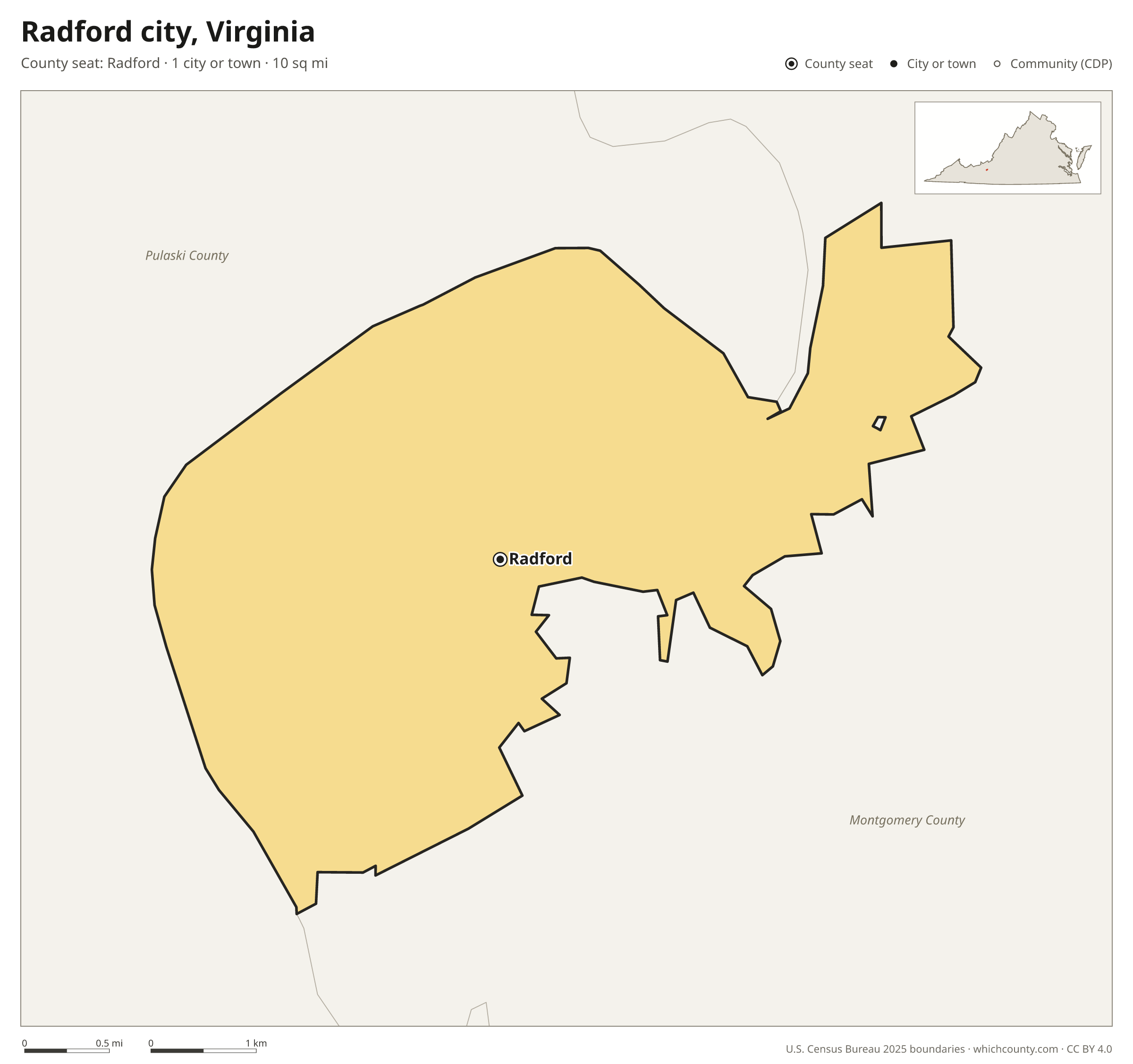 Map of Radford city, Virginia with cities, towns and the county boundary