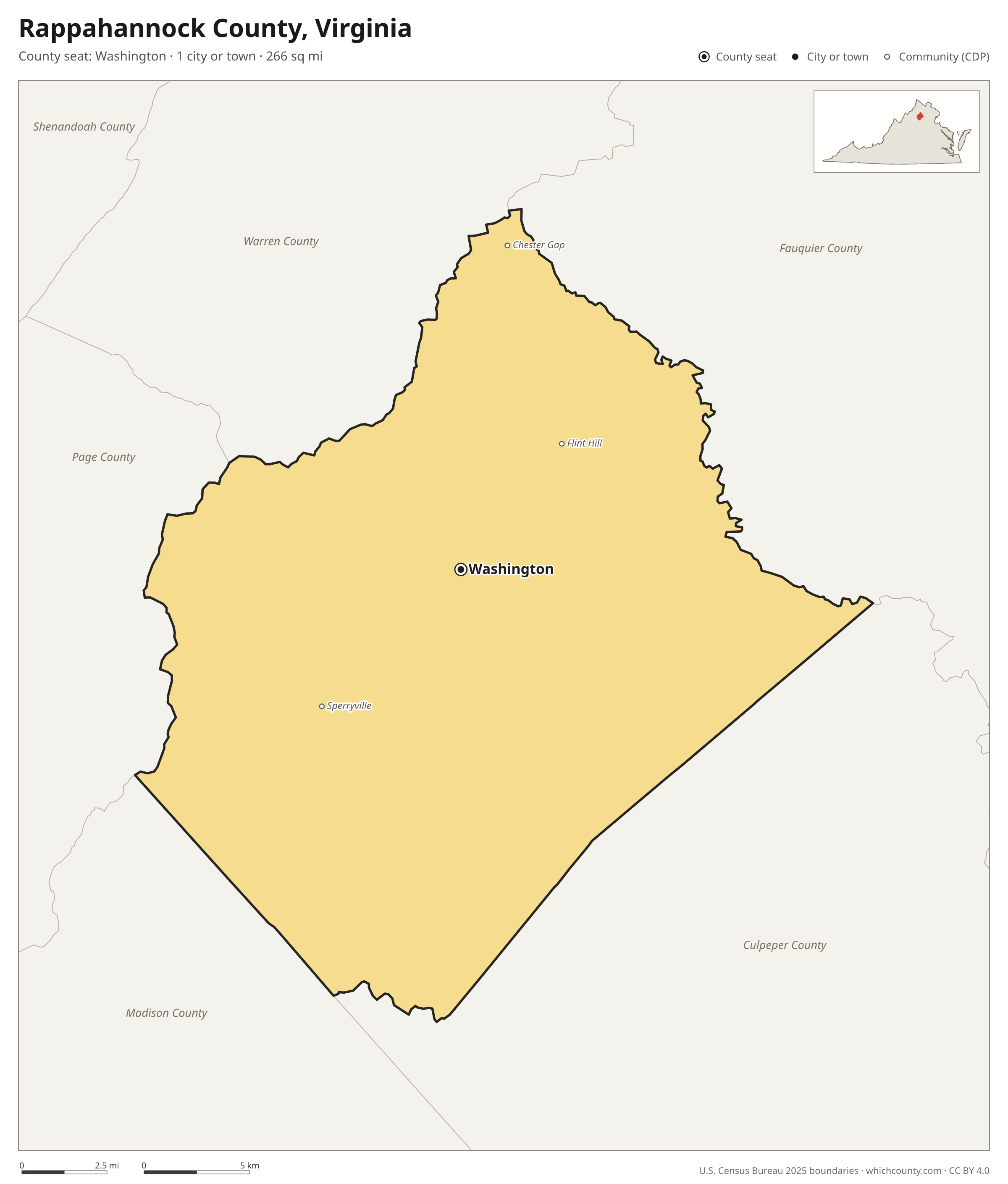 Map of Rappahannock County, Virginia with cities, towns and the county boundary