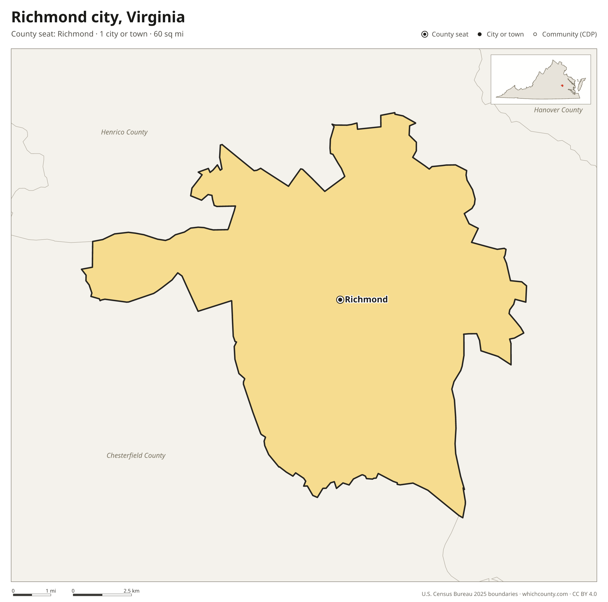 Map of Richmond city, Virginia with cities, towns and the county boundary