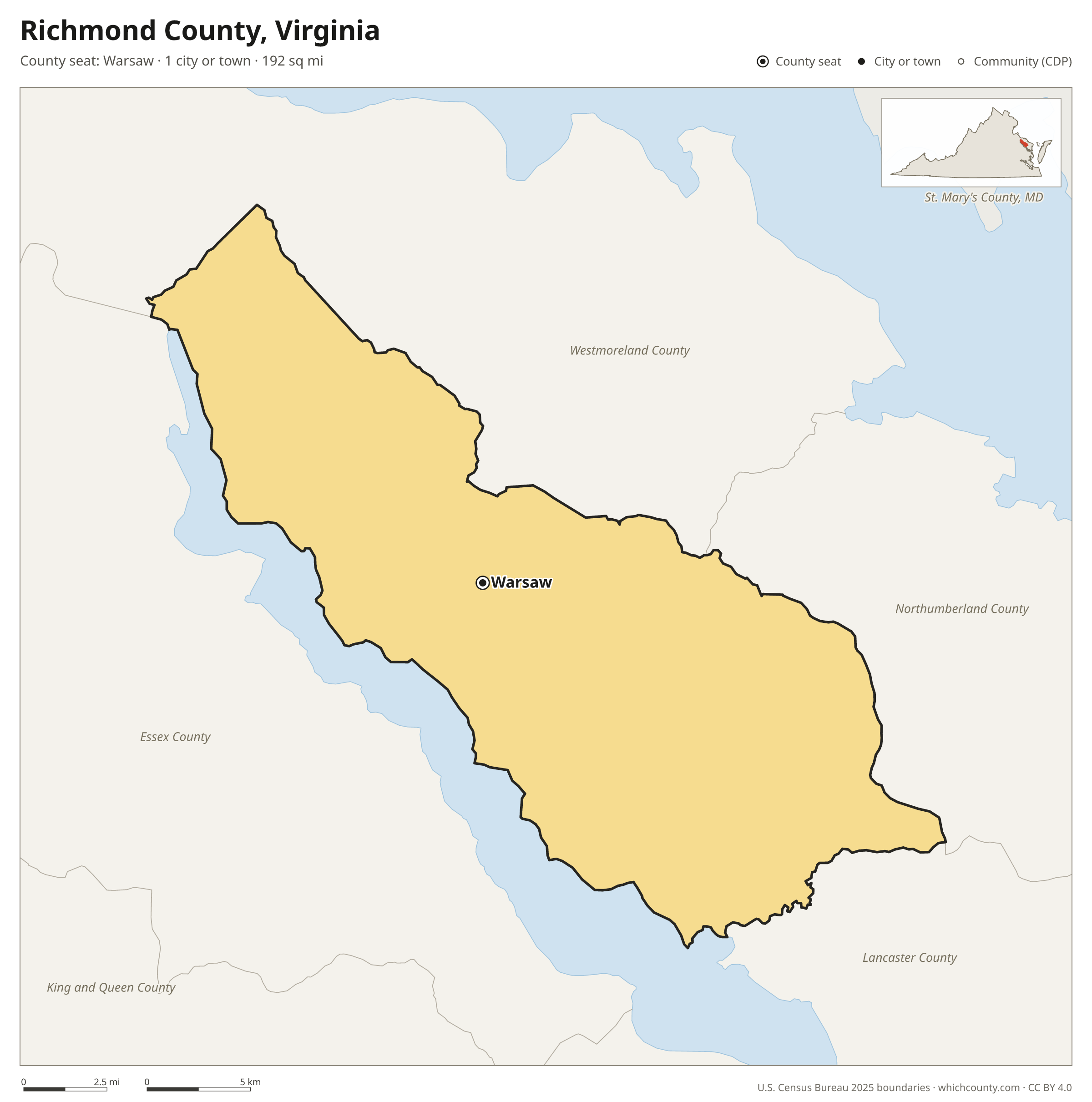 Map of Richmond County, Virginia with cities, towns and the county boundary
