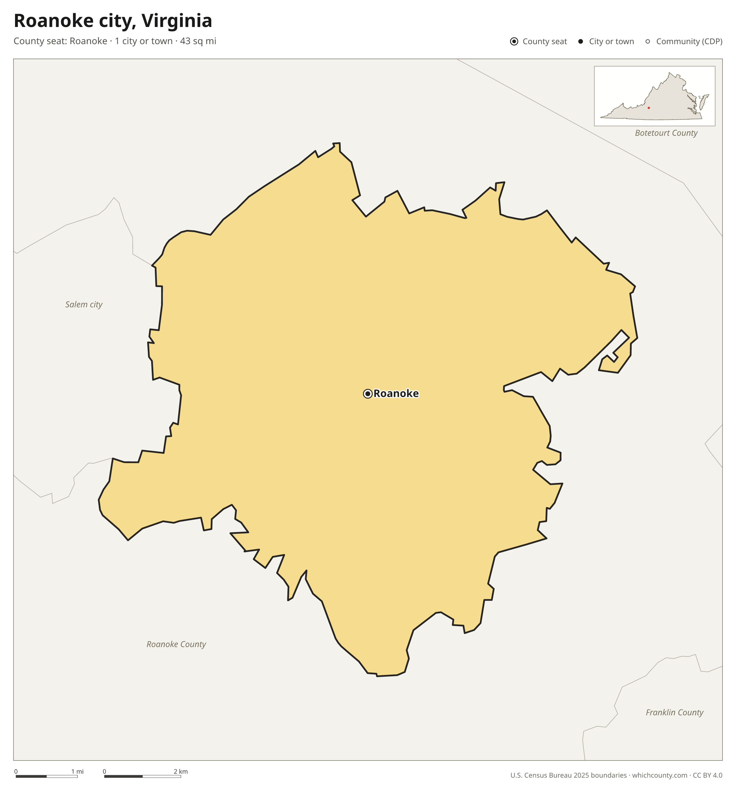 Map of Roanoke city, Virginia with cities, towns and the county boundary