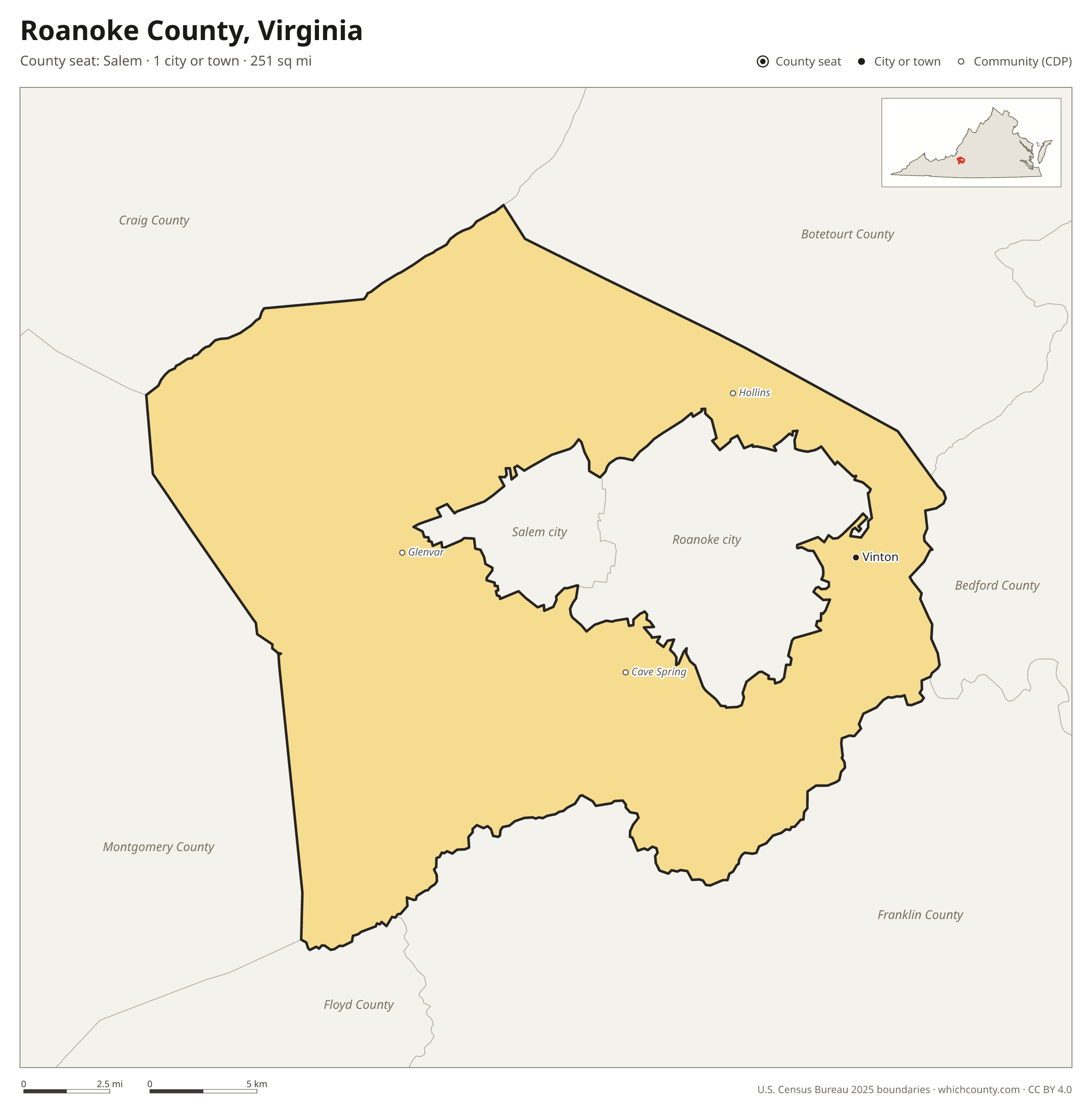 Map of Roanoke County, Virginia with cities, towns and the county boundary