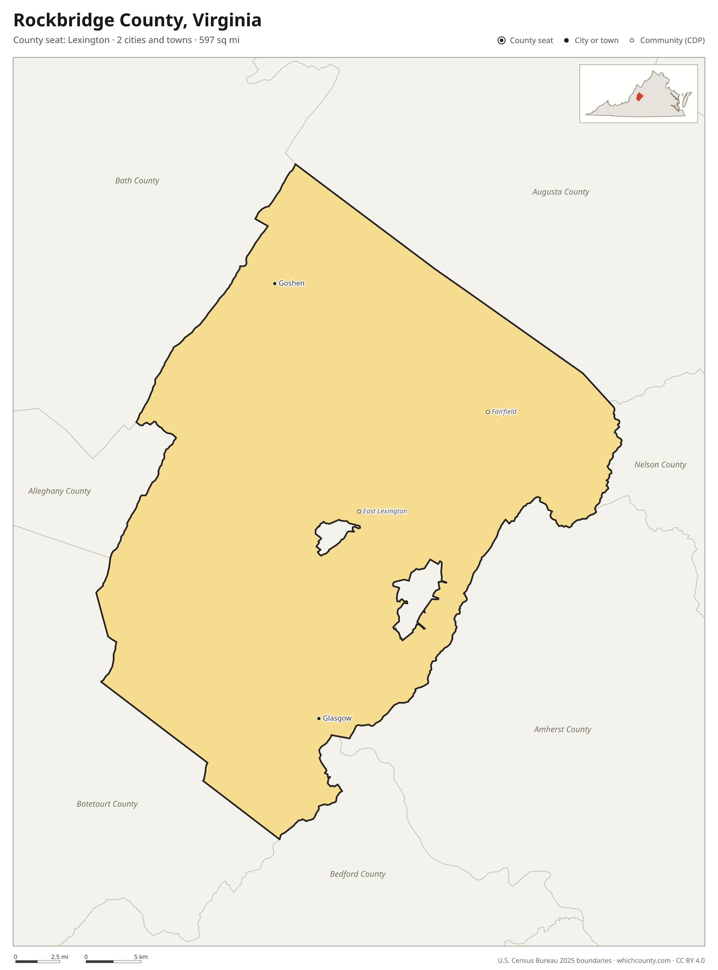 Map of Rockbridge County, Virginia with cities, towns and the county boundary