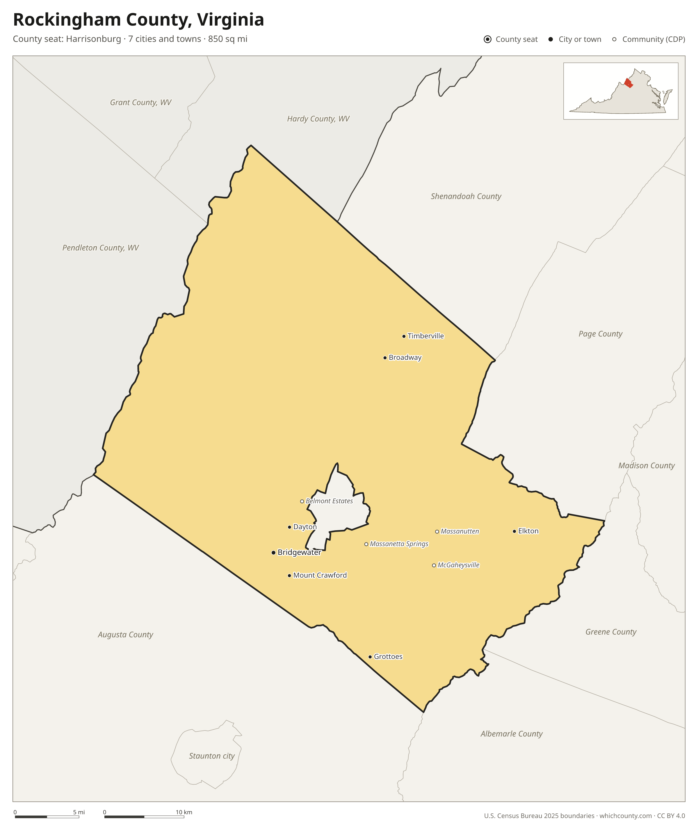 Map of Rockingham County, Virginia with cities, towns and the county boundary