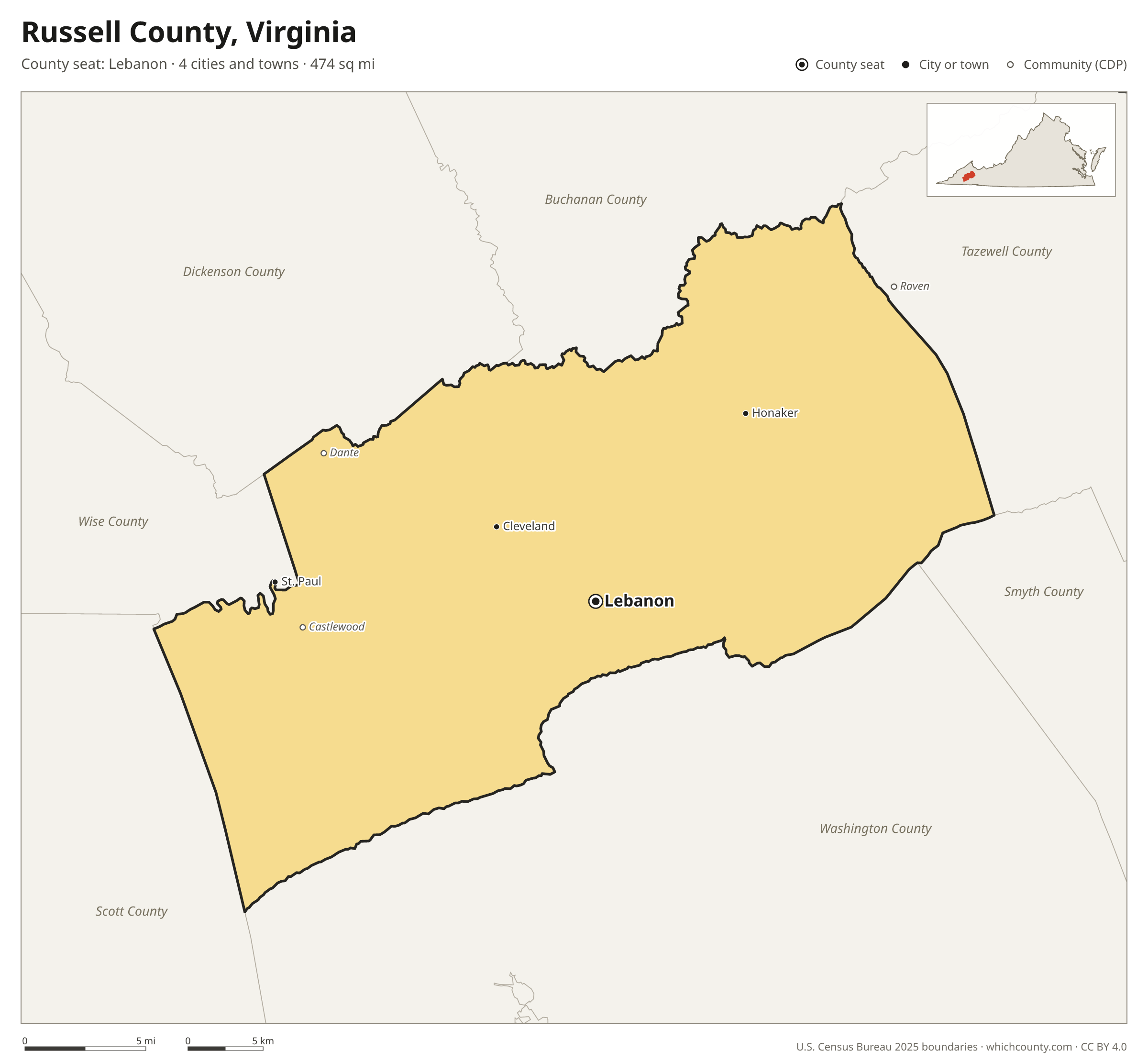 Map of Russell County, Virginia with cities, towns and the county boundary
