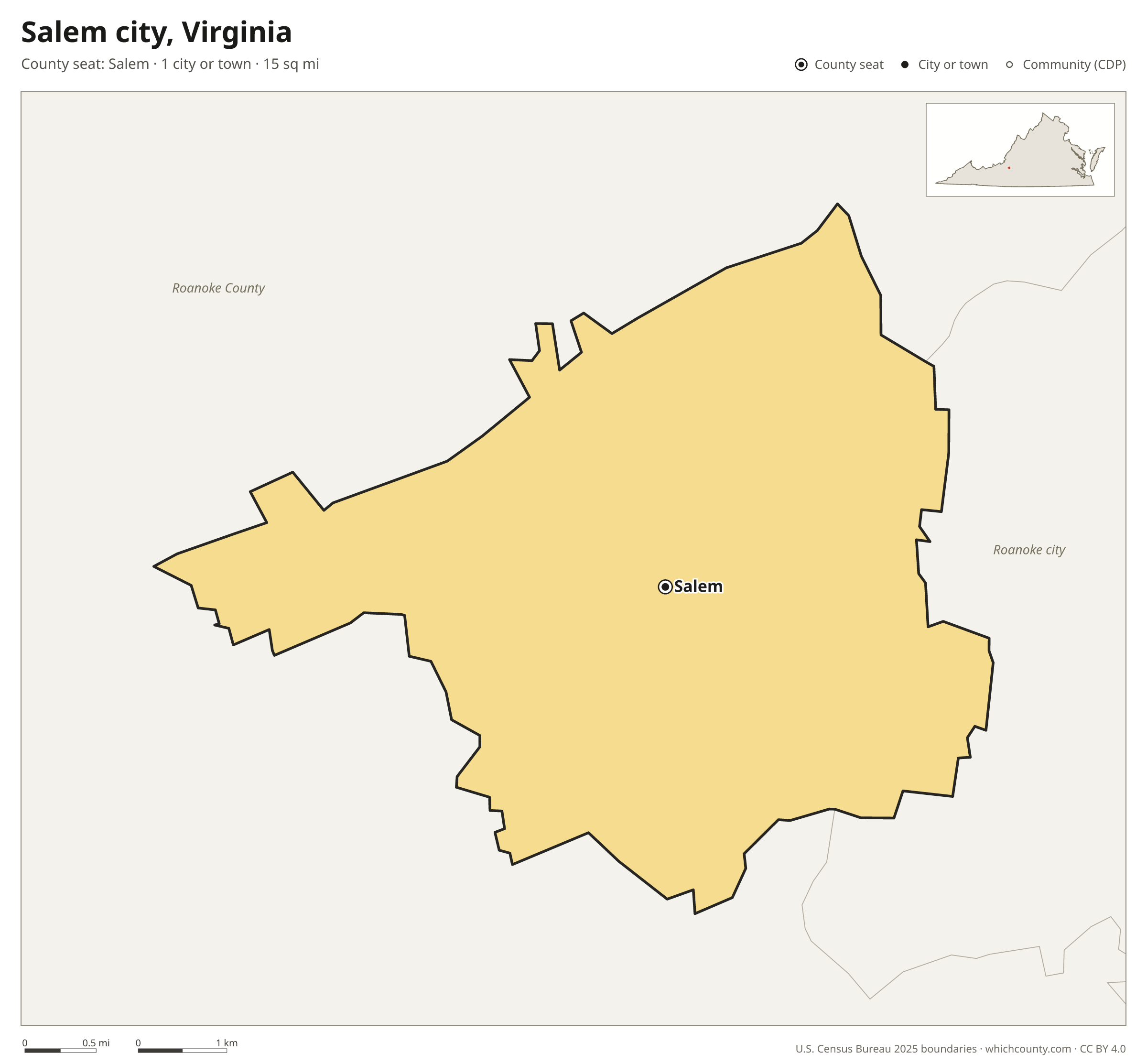 Map of Salem city, Virginia with cities, towns and the county boundary