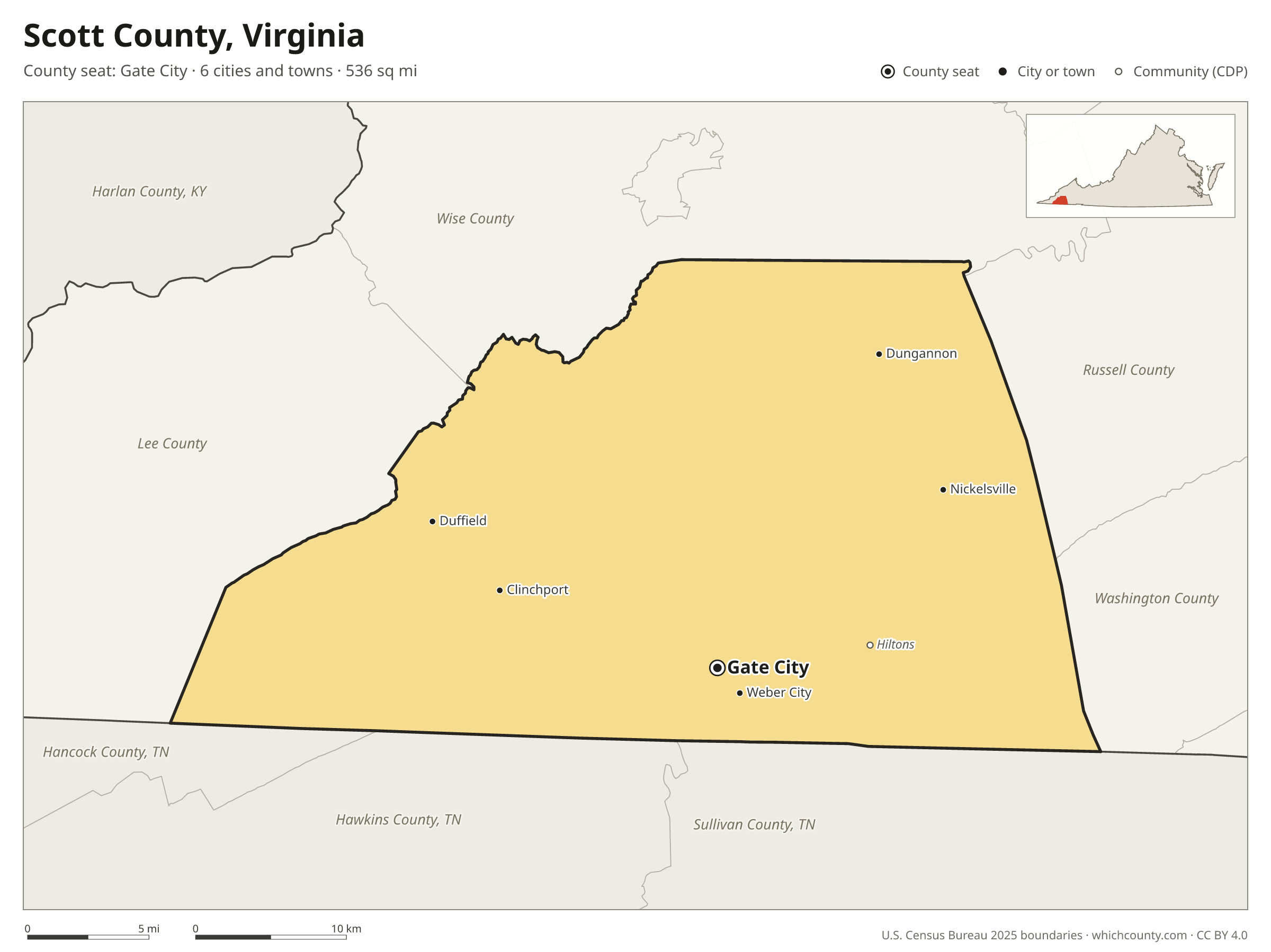 Map of Scott County, Virginia with cities, towns and the county boundary