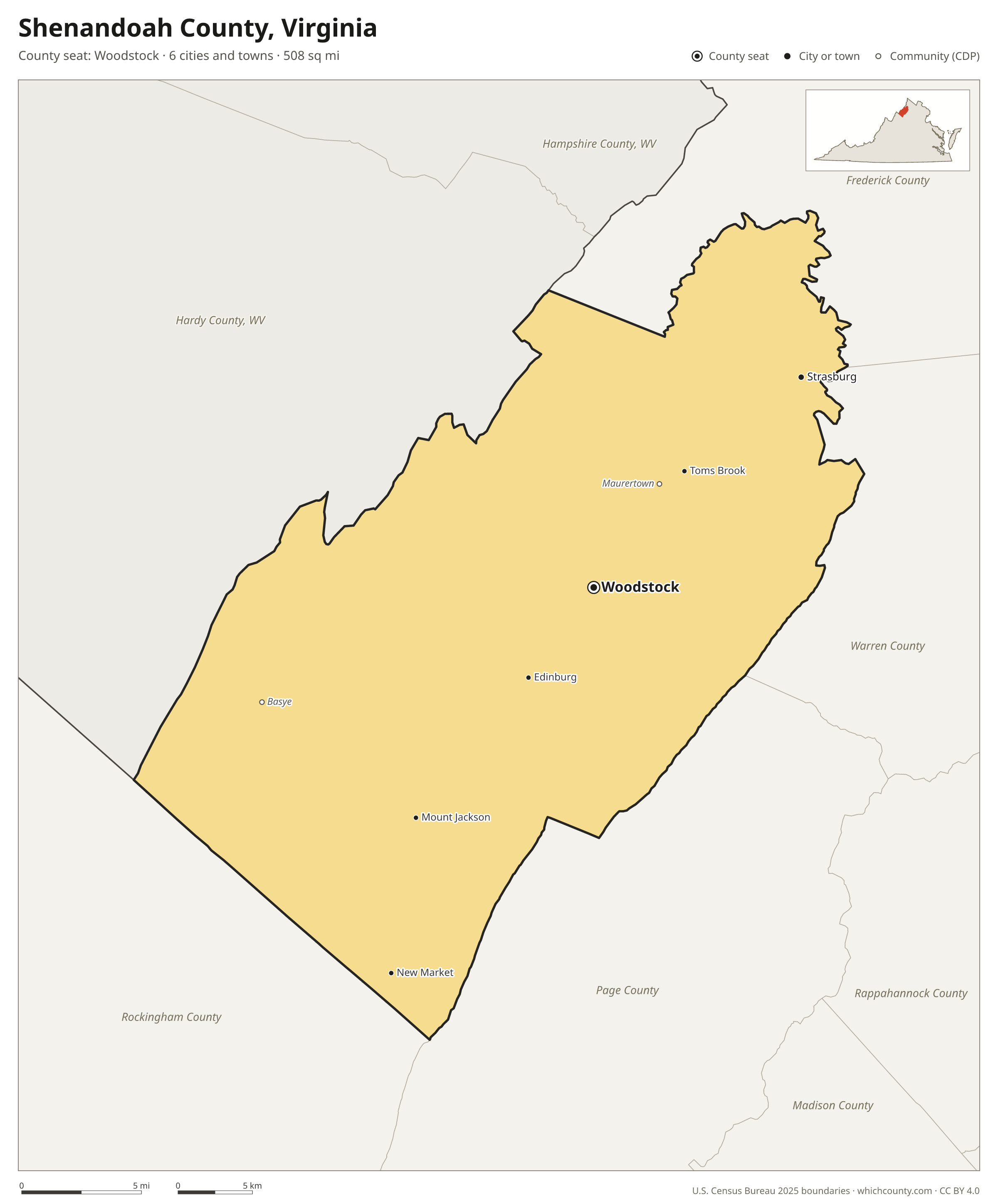 Map of Shenandoah County, Virginia with cities, towns and the county boundary