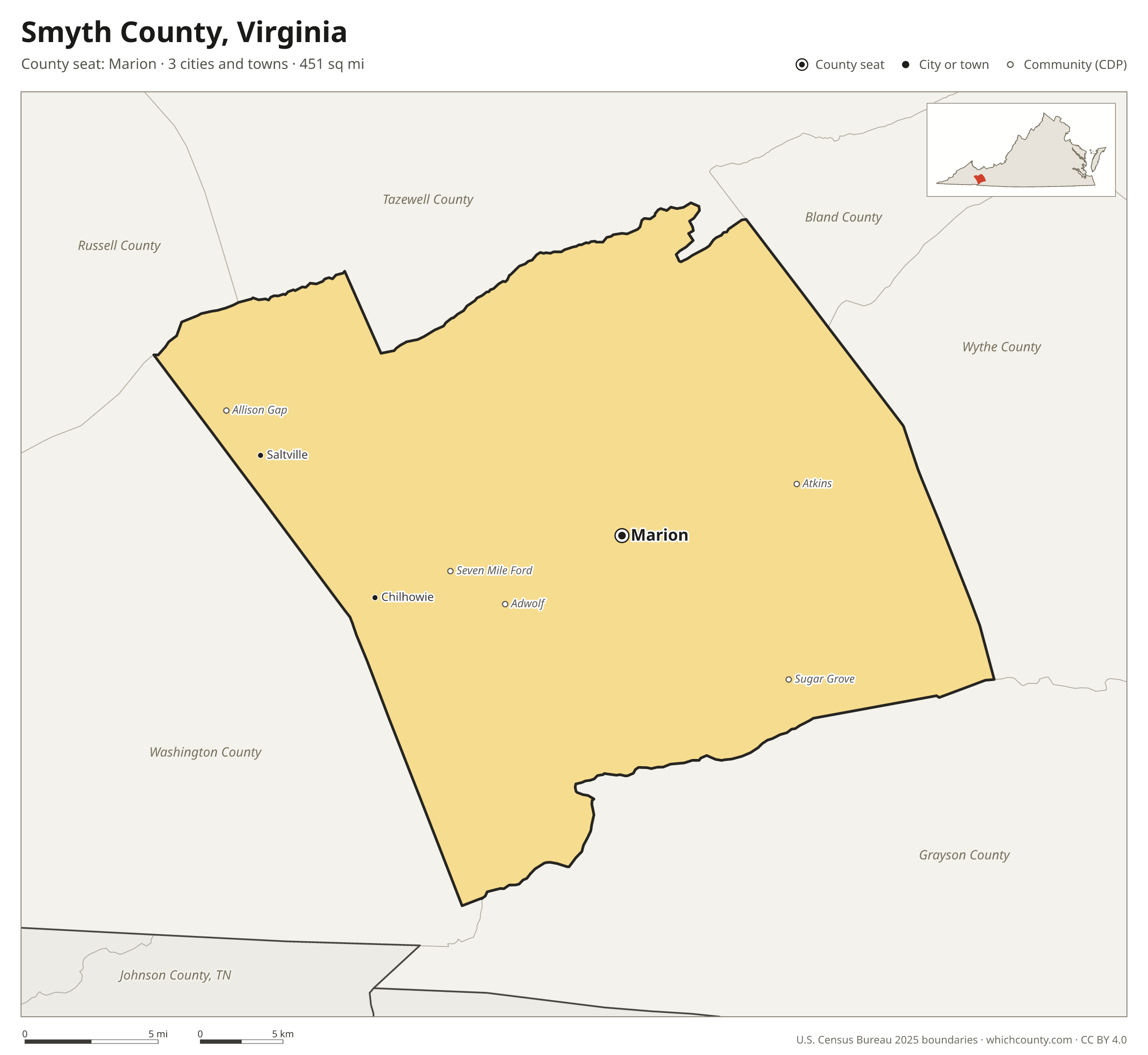 Map of Smyth County, Virginia with cities, towns and the county boundary