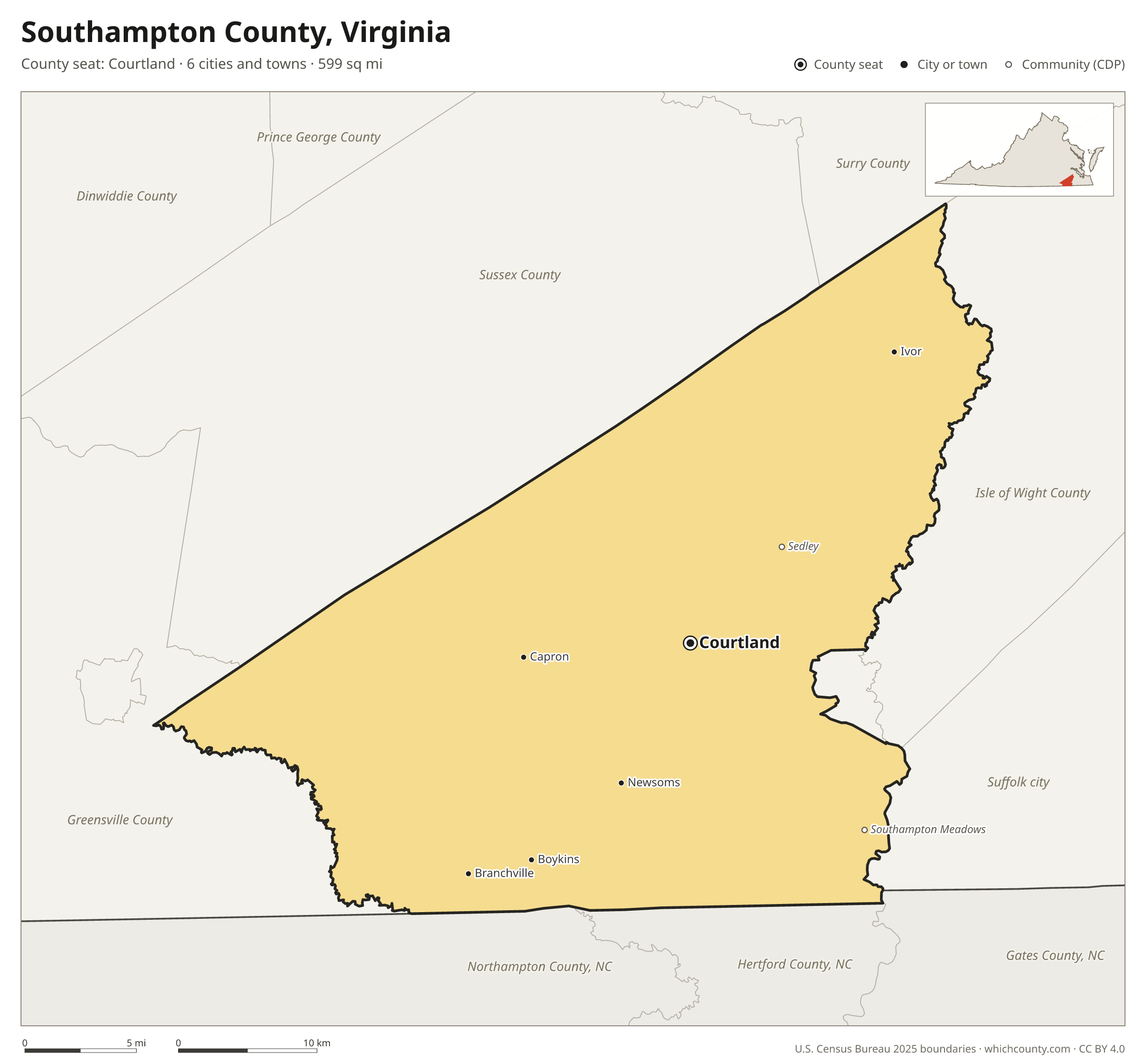 Map of Southampton County, Virginia with cities, towns and the county boundary