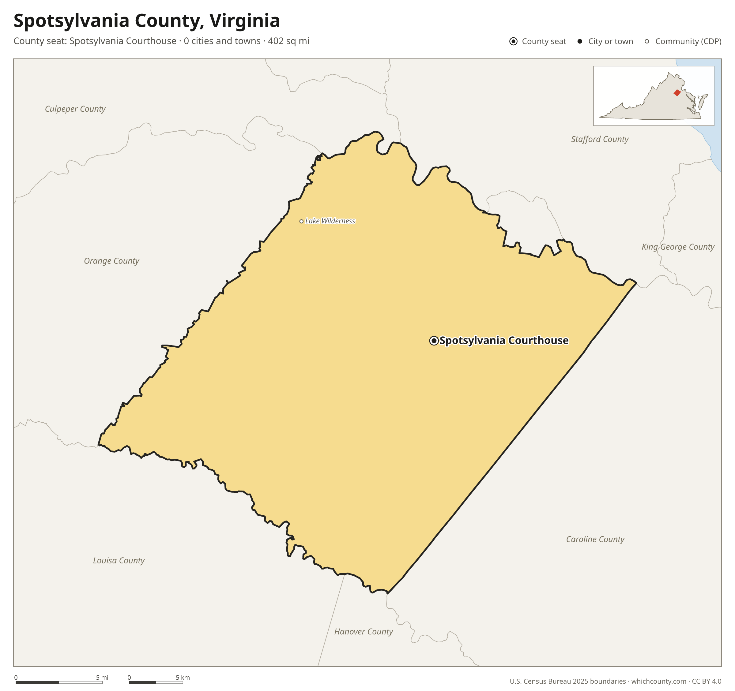 Map of Spotsylvania County, Virginia with cities, towns and the county boundary