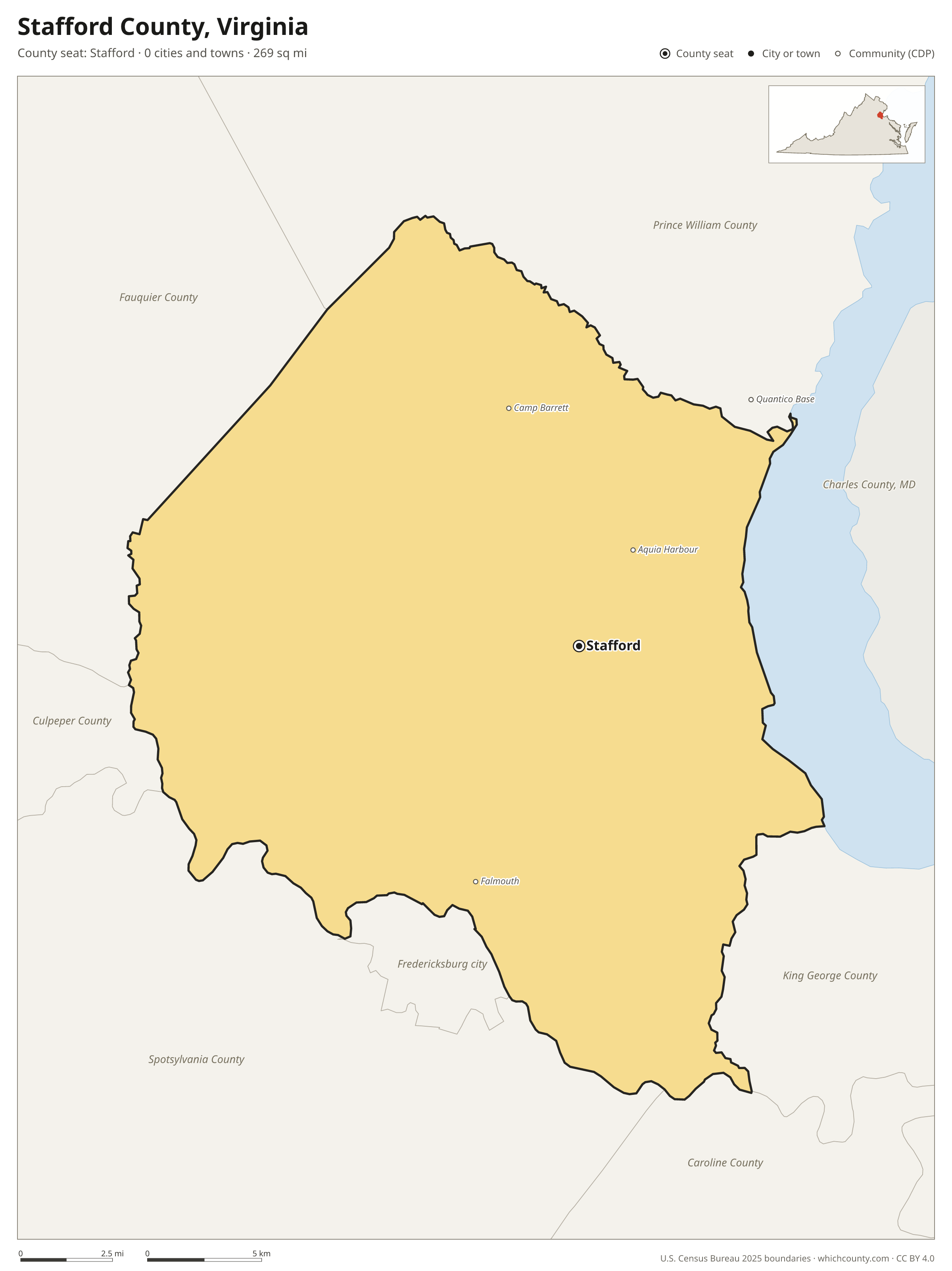 Map of Stafford County, Virginia with cities, towns and the county boundary