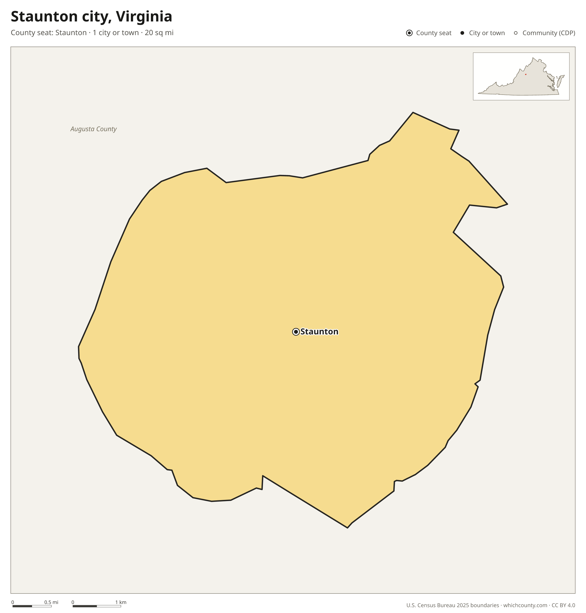 Map of Staunton city, Virginia with cities, towns and the county boundary