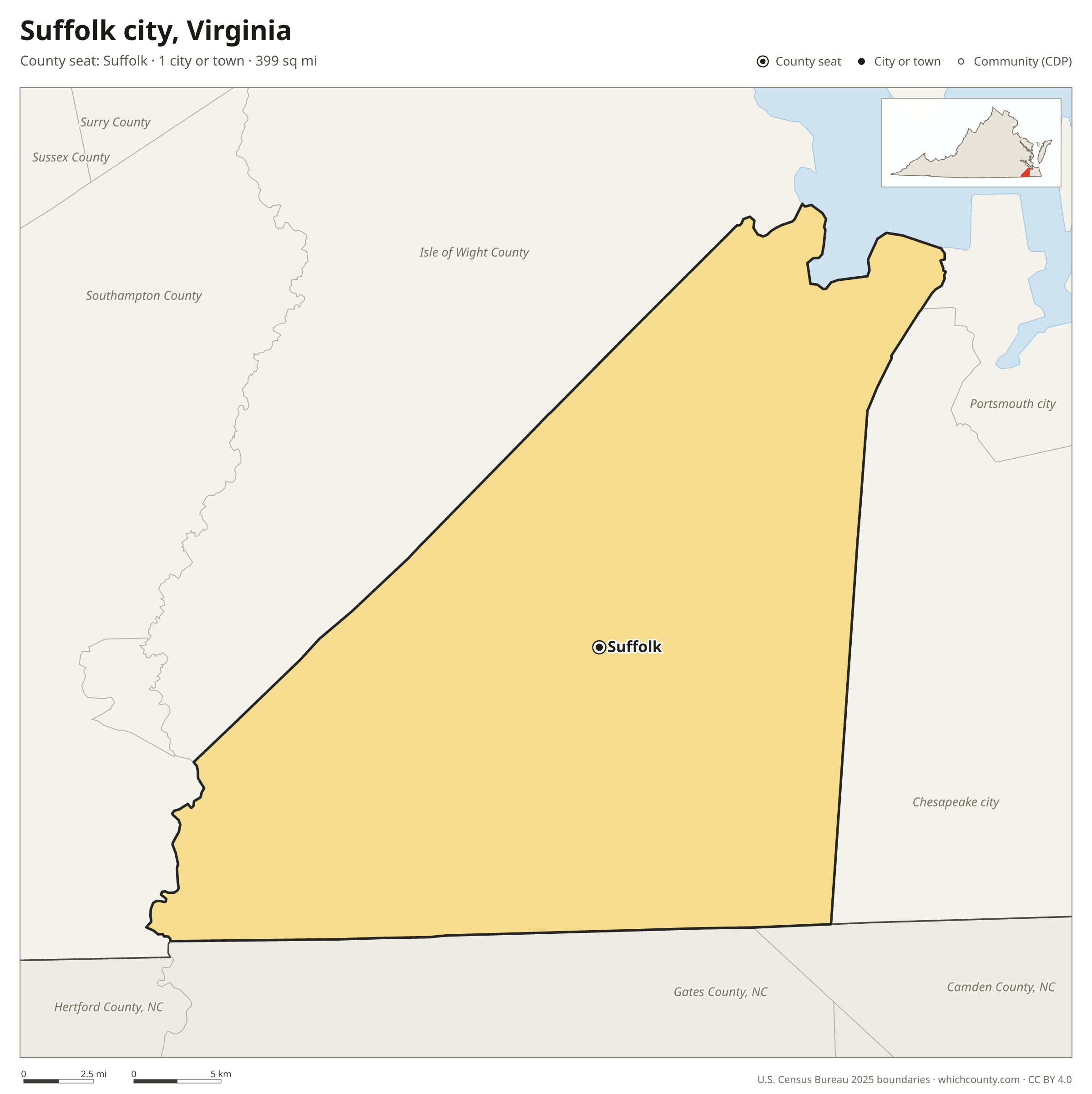 Map of Suffolk city, Virginia with cities, towns and the county boundary