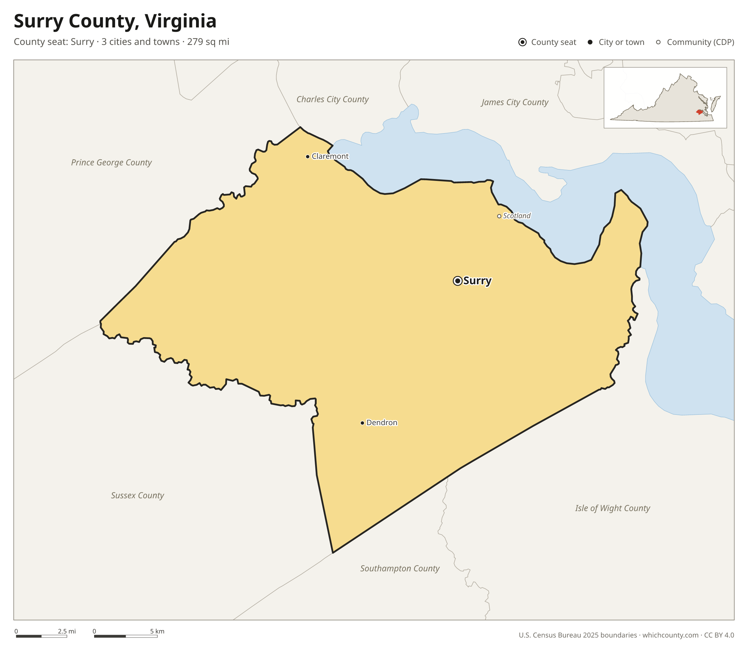 Map of Surry County, Virginia with cities, towns and the county boundary