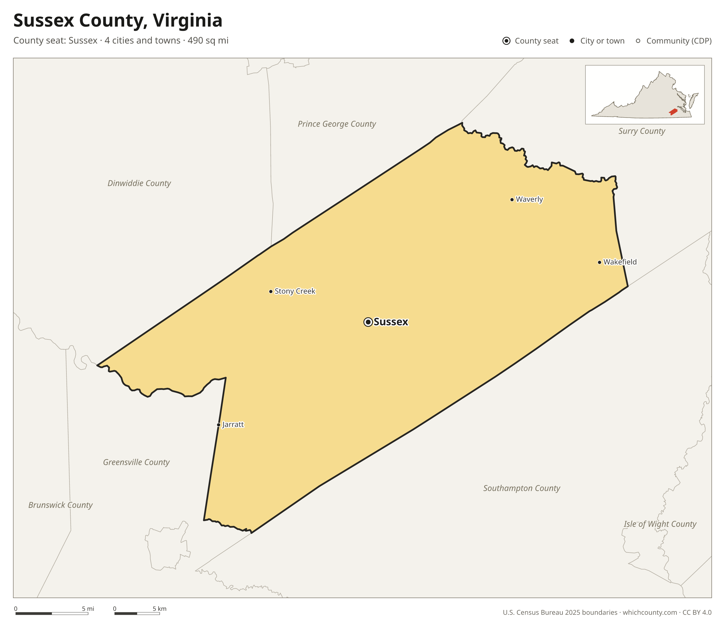 Map of Sussex County, Virginia with cities, towns and the county boundary