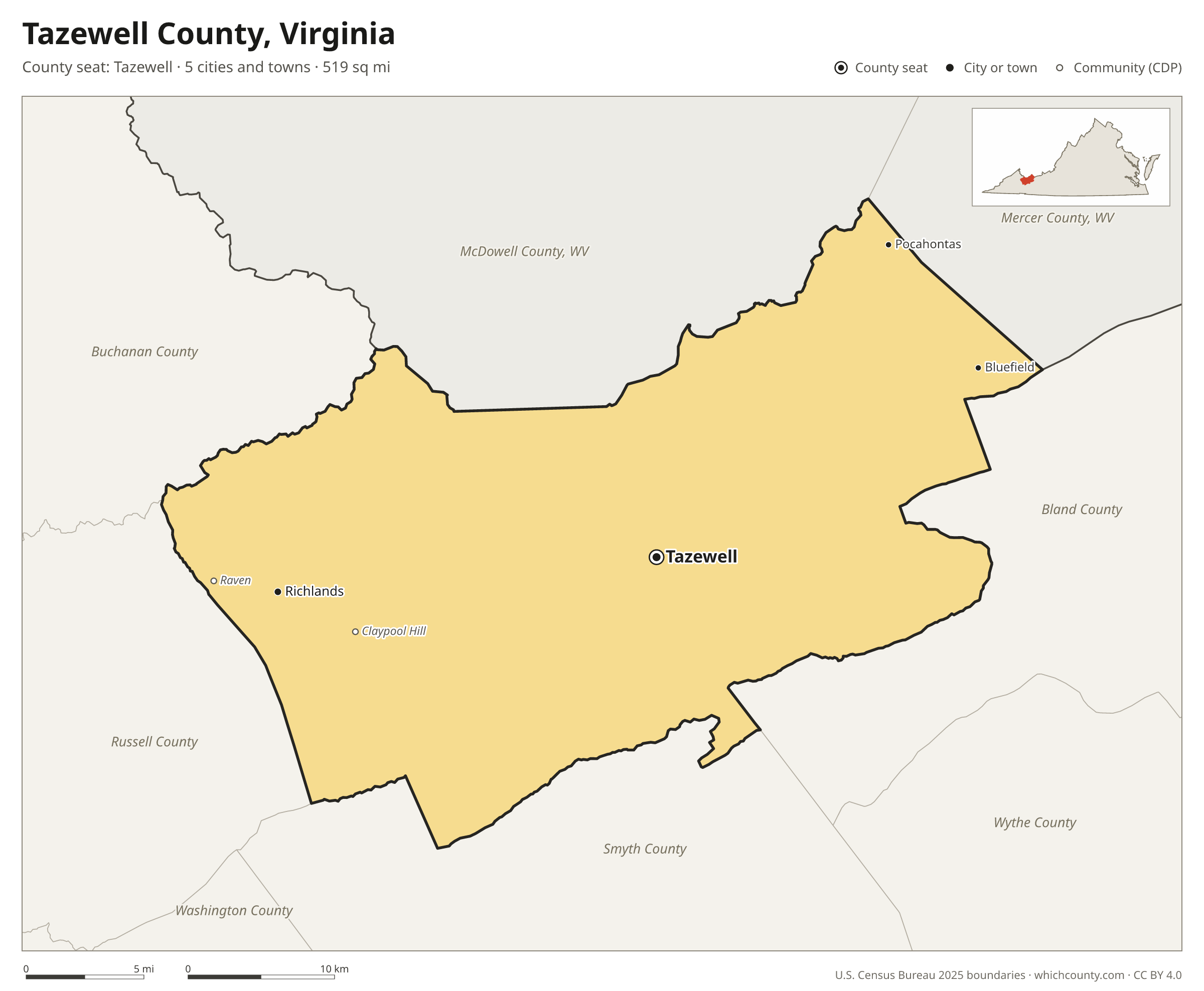 Map of Tazewell County, Virginia with cities, towns and the county boundary