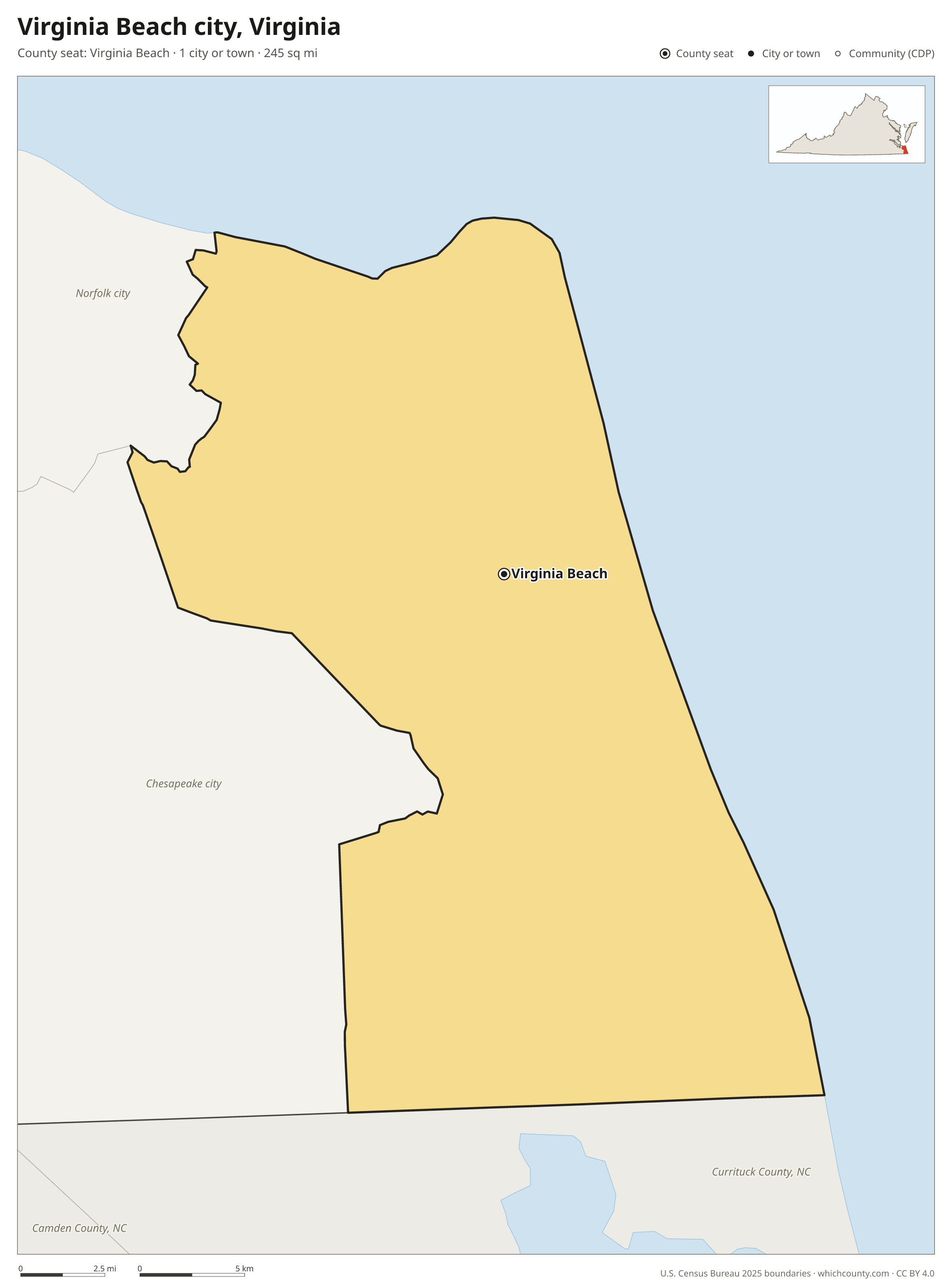 Map of Virginia Beach city, Virginia with cities, towns and the county boundary