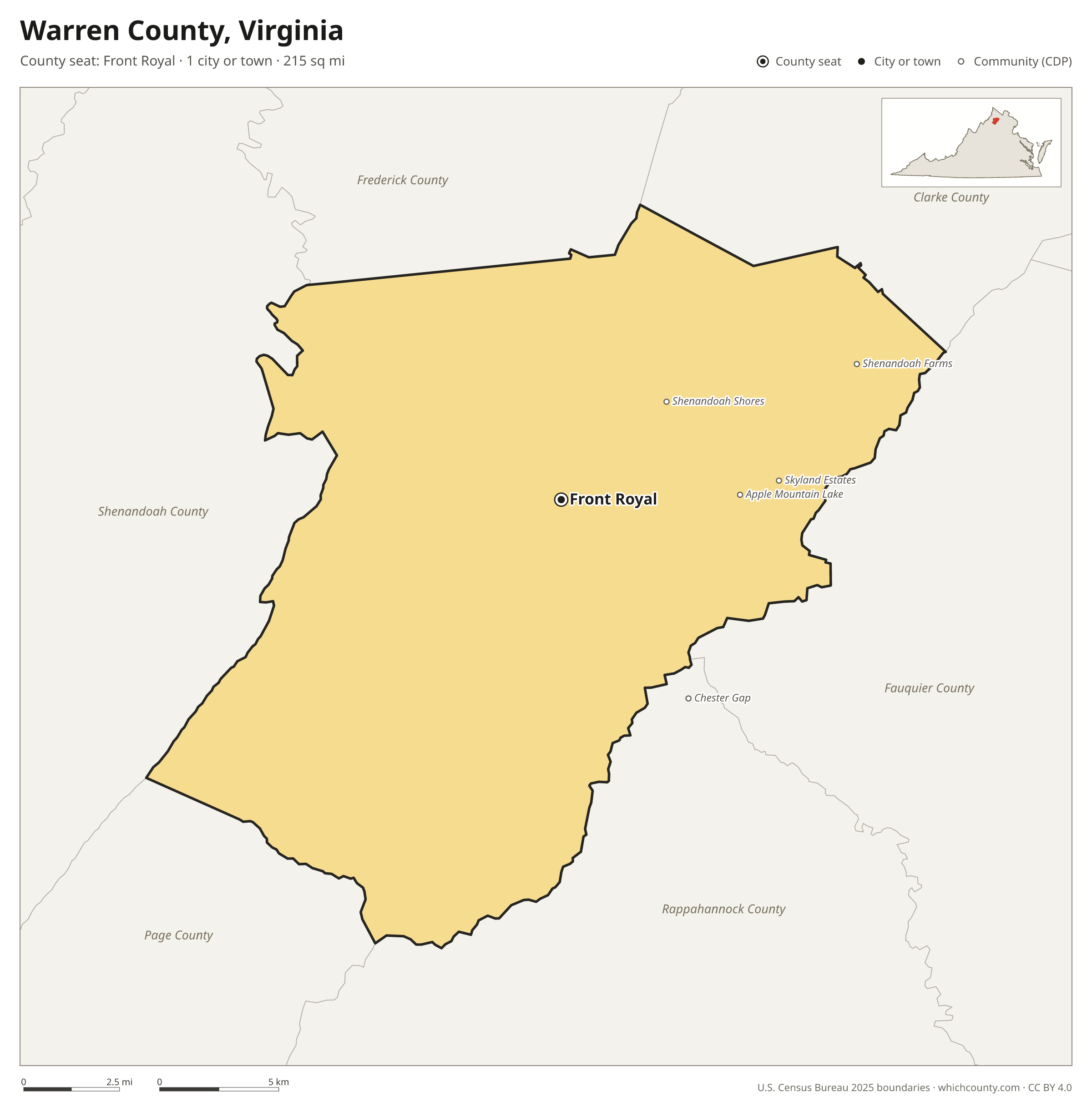 Map of Warren County, Virginia with cities, towns and the county boundary