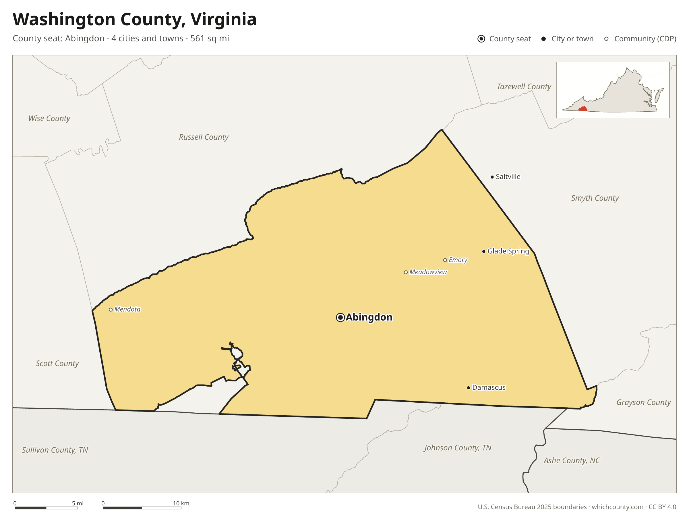 Map of Washington County, Virginia with cities, towns and the county boundary