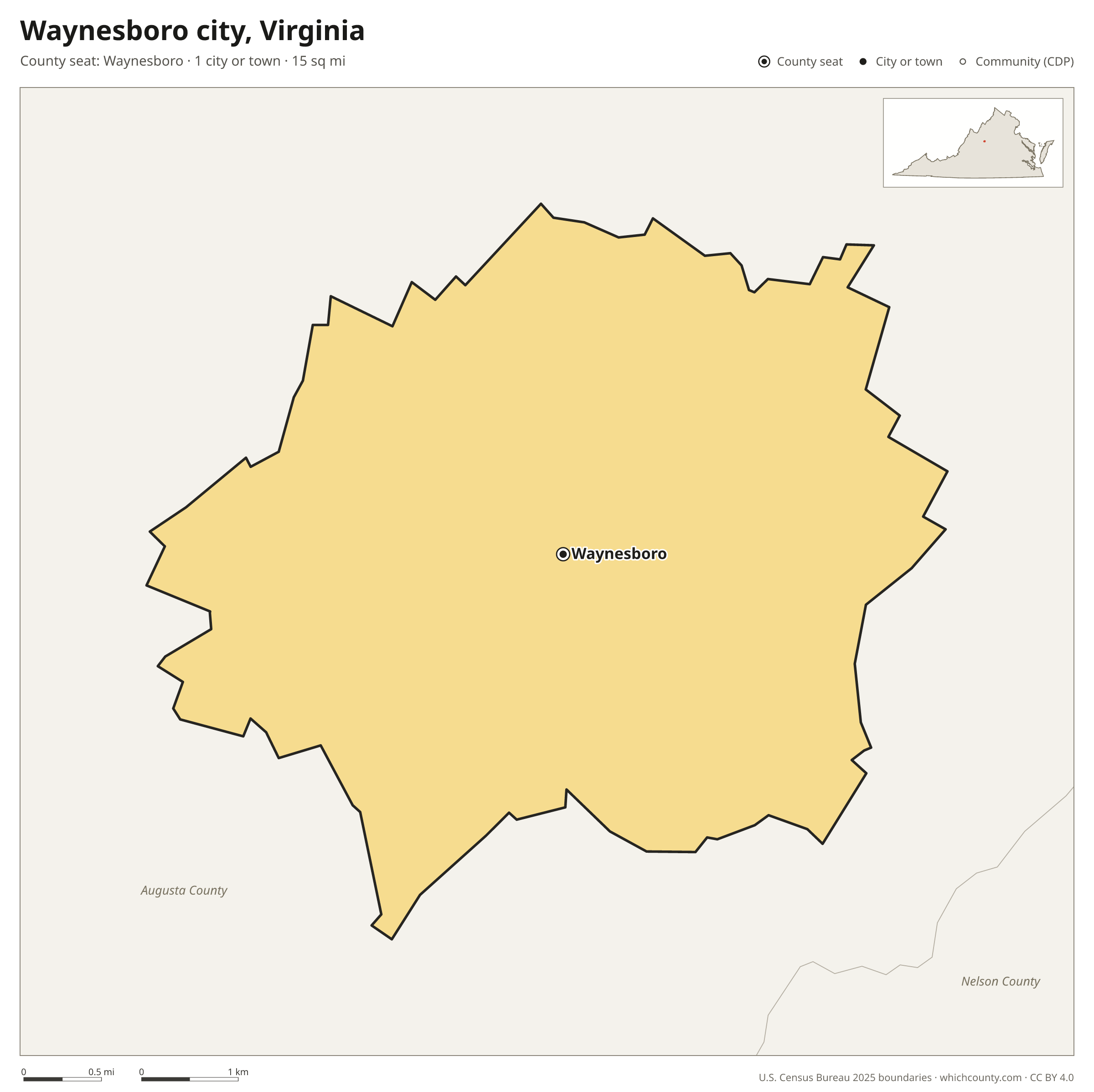Map of Waynesboro city, Virginia with cities, towns and the county boundary