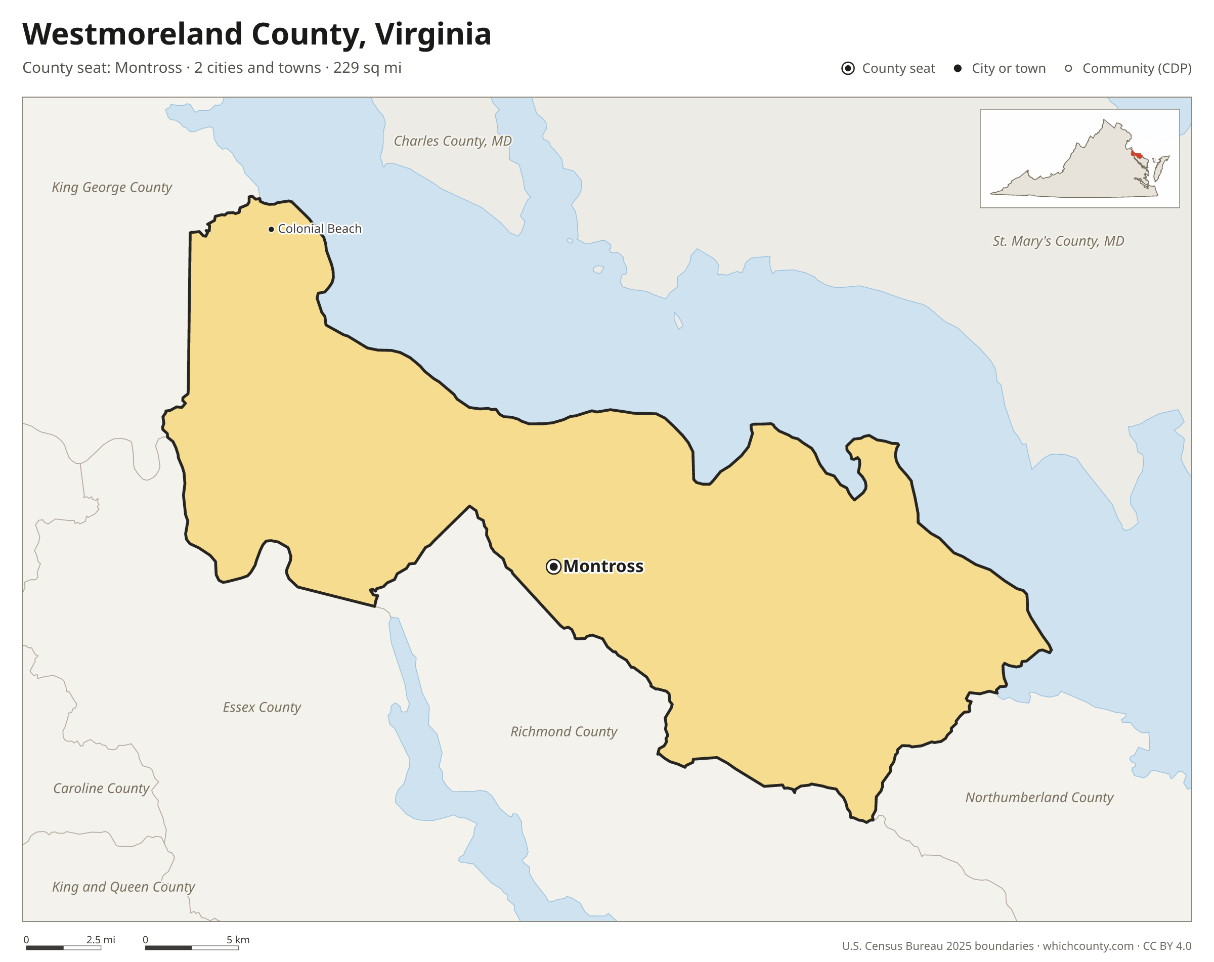 Map of Westmoreland County, Virginia with cities, towns and the county boundary