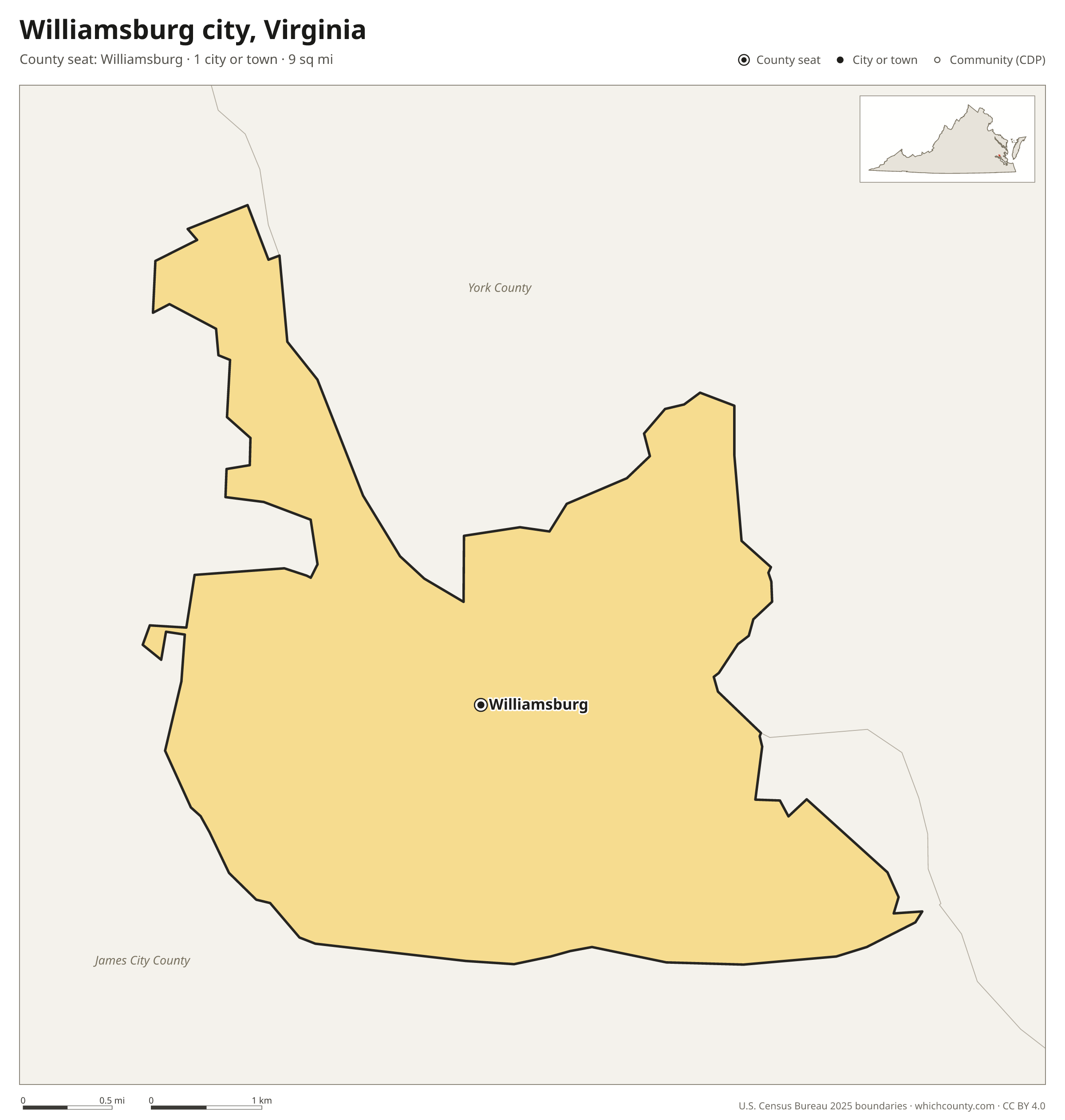 Map of Williamsburg city, Virginia with cities, towns and the county boundary