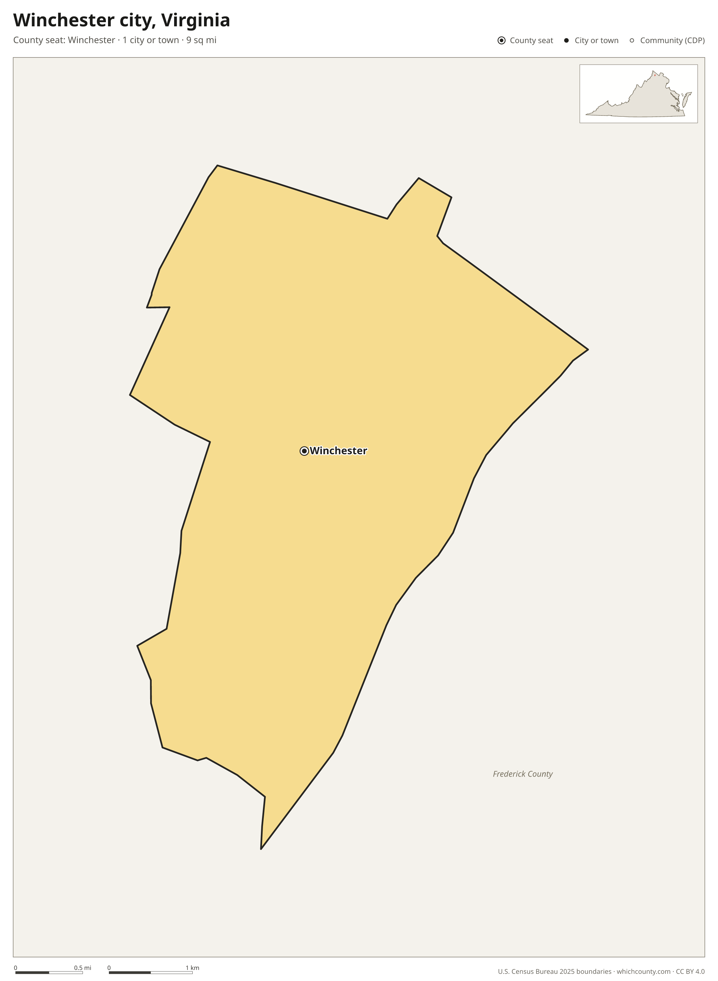 Map of Winchester city, Virginia with cities, towns and the county boundary