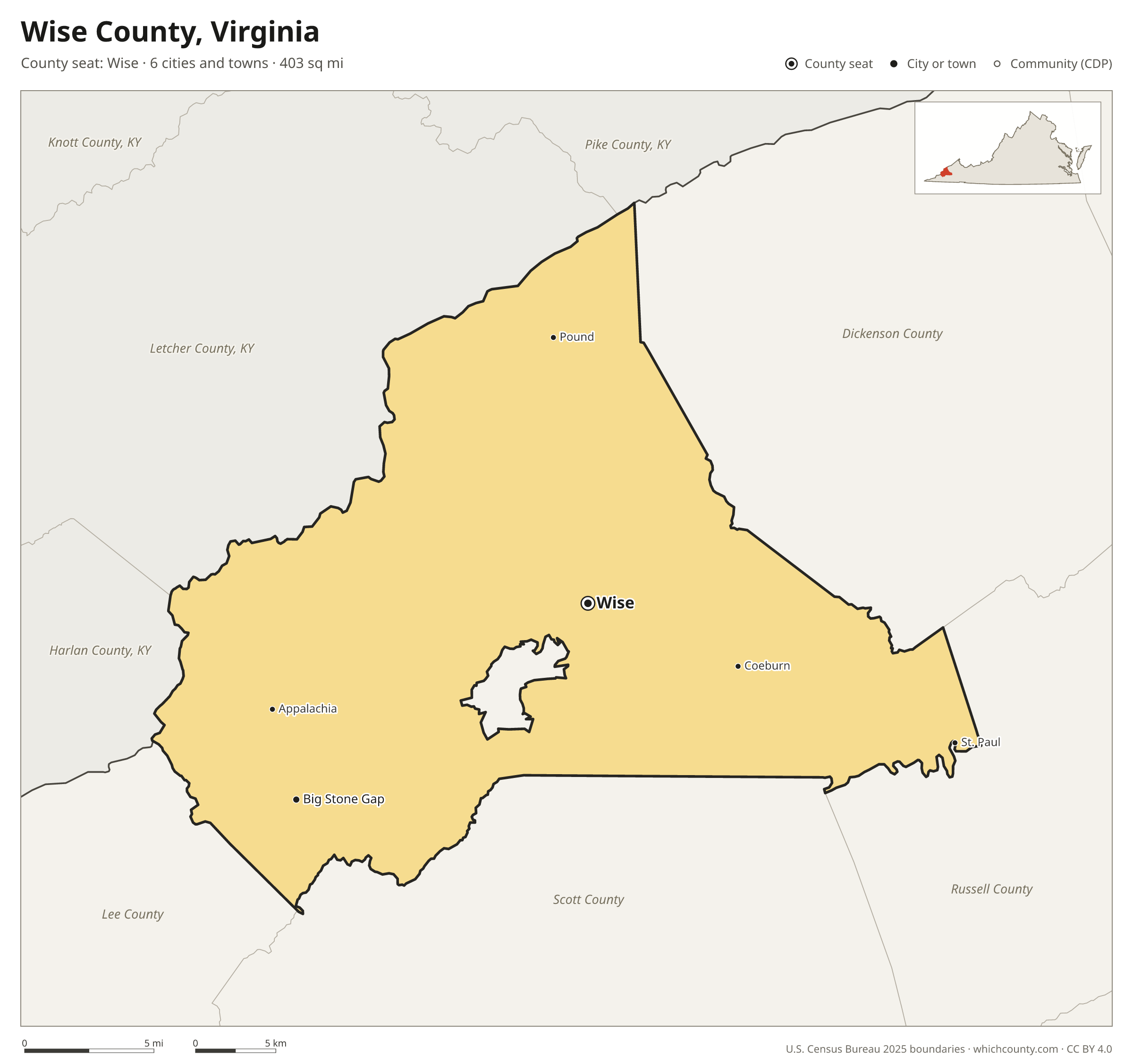 Map of Wise County, Virginia with cities, towns and the county boundary