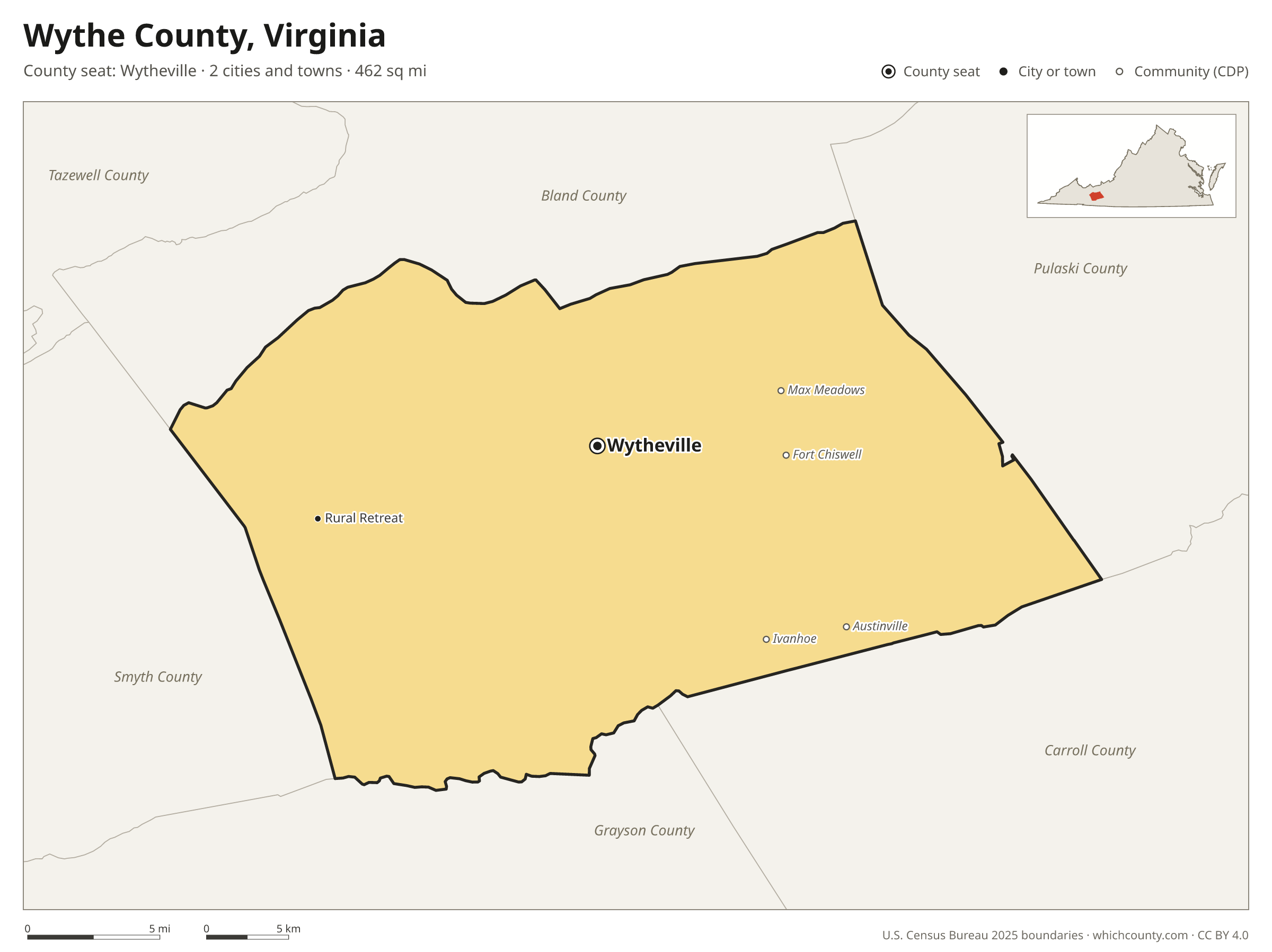 Map of Wythe County, Virginia with cities, towns and the county boundary