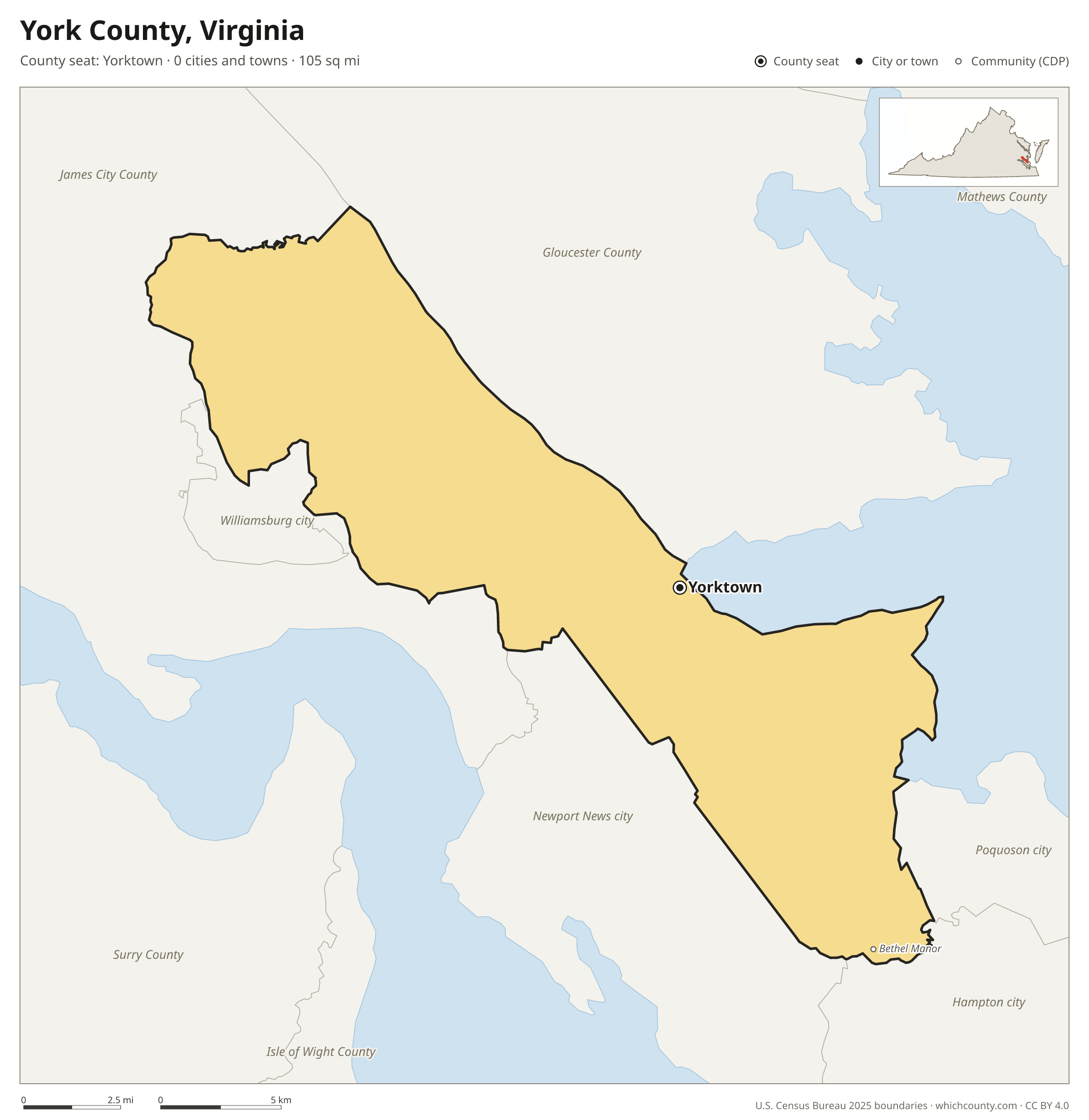 Map of York County, Virginia with cities, towns and the county boundary