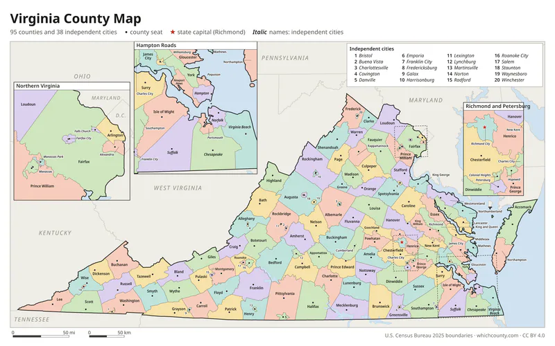 Virginia county map with all 133 counties and independent cities labeled