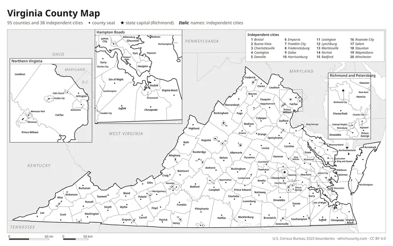 Black and white Virginia county map