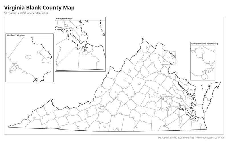 Blank outline map of Virginia counties and independent cities