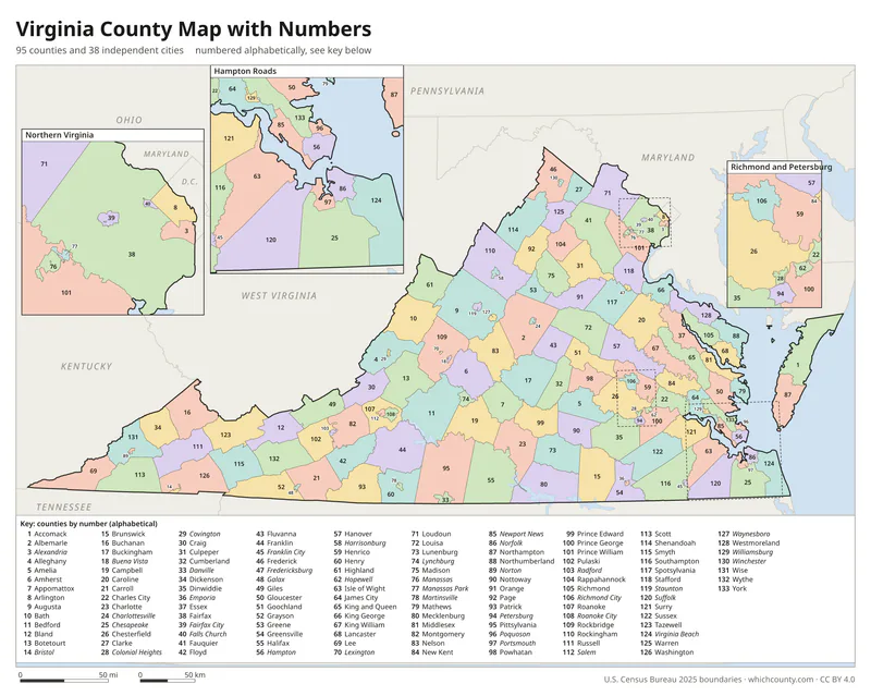 Virginia county map with numbers