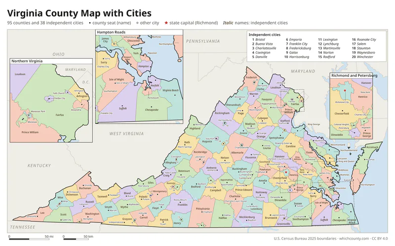 Virginia county map with cities and county seats