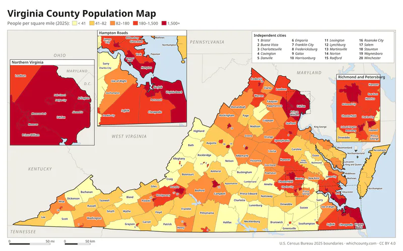 Map of Virginia counties and independent cities shaded by population density