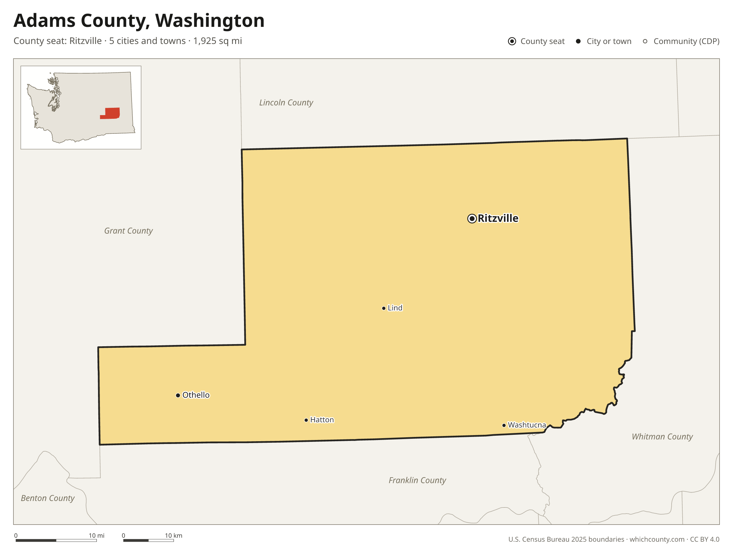 Map of Adams County, Washington with cities, towns and the county boundary
