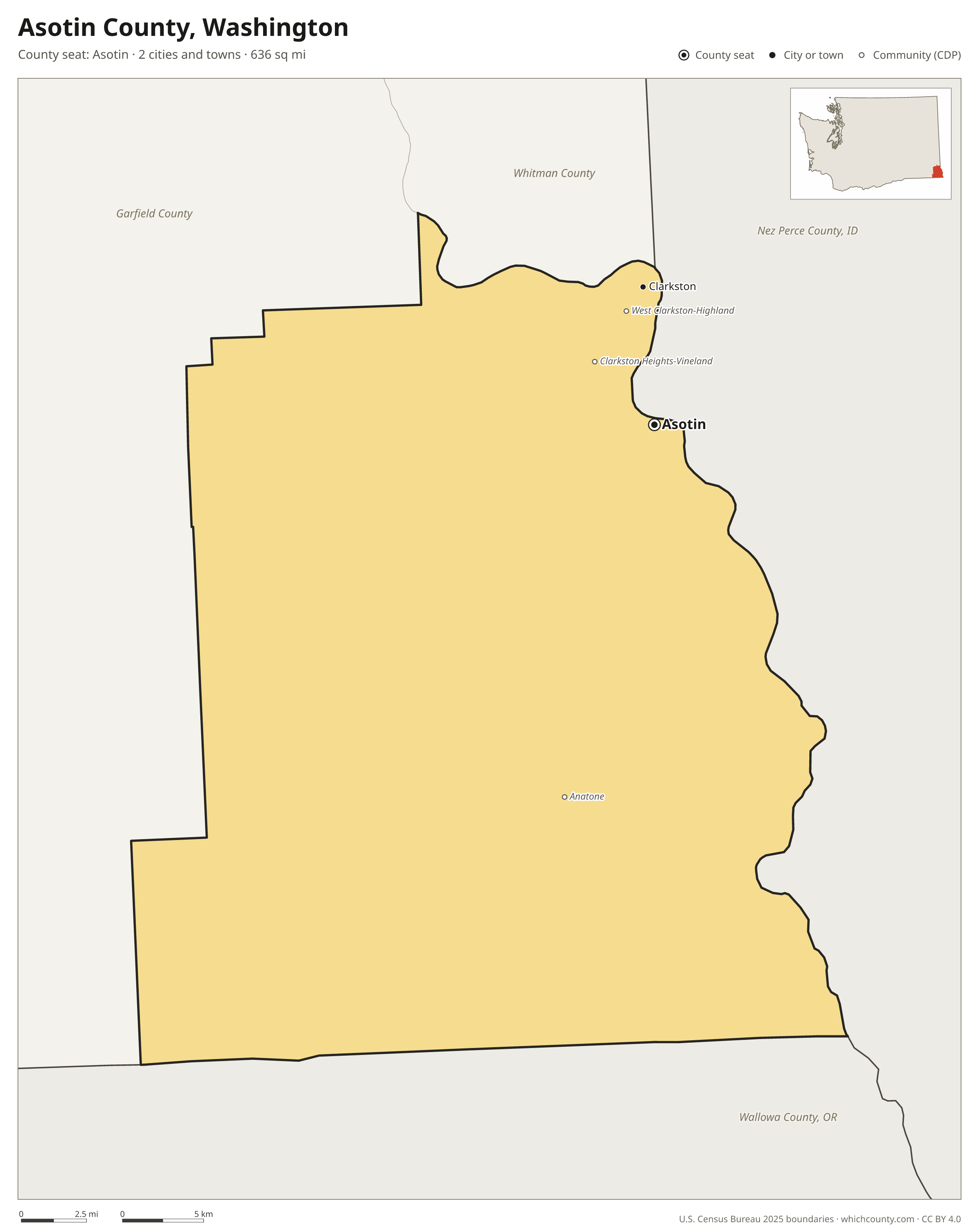 Map of Asotin County, Washington with cities, towns and the county boundary